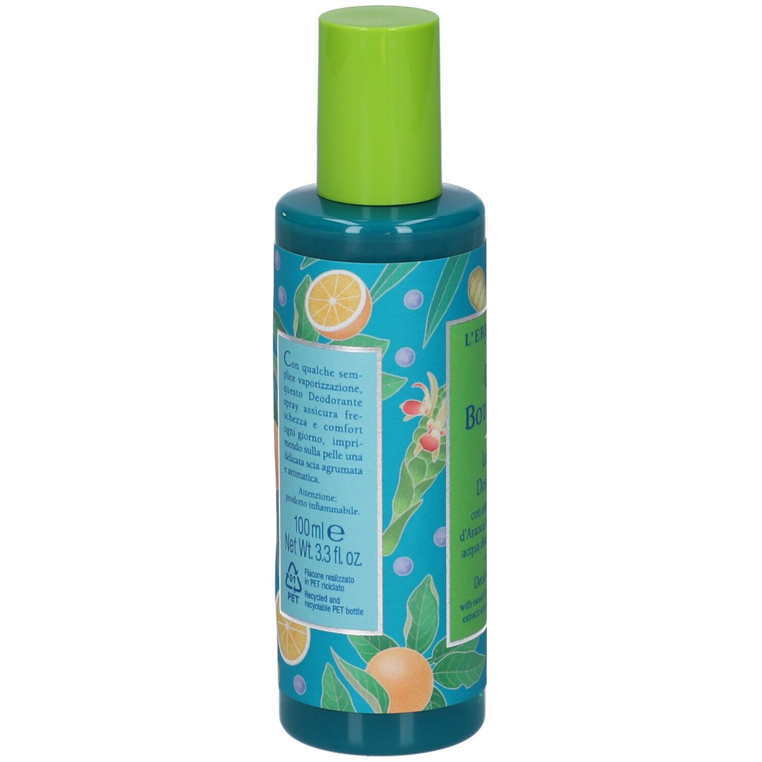 Retro del flacone turchese con tappo verde. Testo: L'Erbolario, Gin Botanicals, Lozione Deodorante. Motivi di arance e zenzero. 100ml.