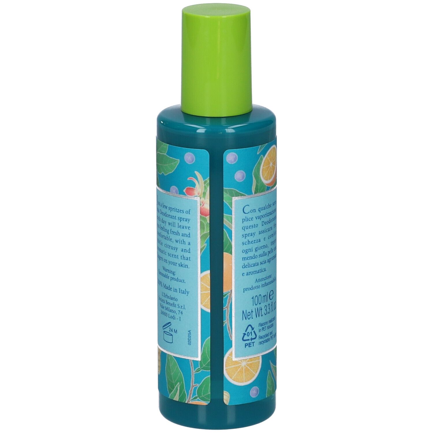 Retro del flacone turchese con tappo verde. Testo: L'Erbolario, Gin Botanicals, Lozione Deodorante. Motivi di arance e zenzero. 100ml.