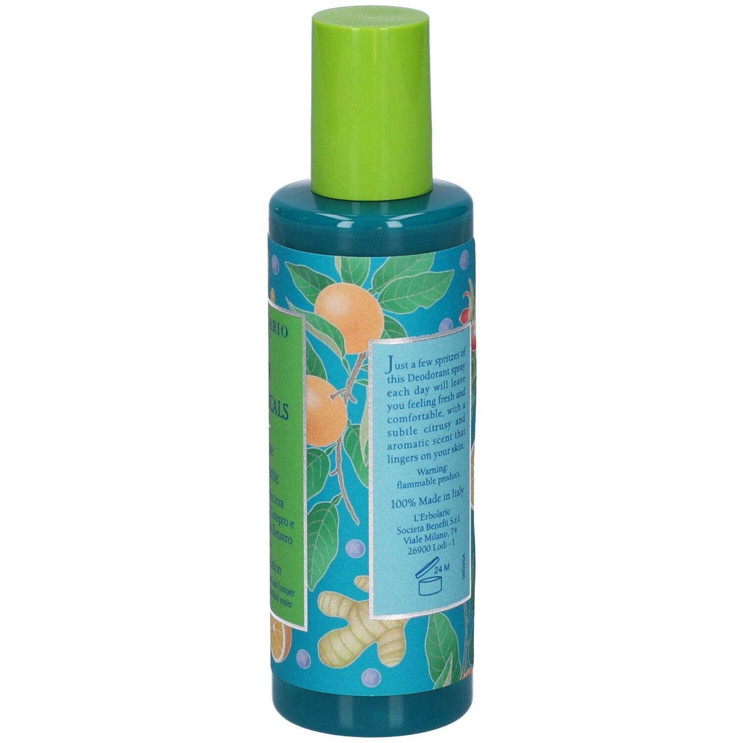 Retro del flacone turchese con tappo verde. Testo: L'Erbolario, Gin Botanicals, Lozione Deodorante. Motivi di arance e zenzero. 100ml.