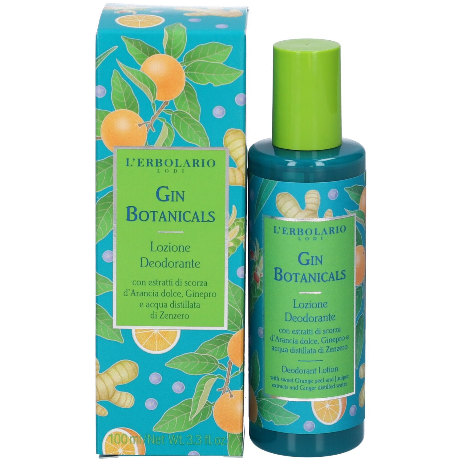 Confezione e flacone. Scritta: L'Erbolario, Gin Botanicals, Lozione Deodorante. Motivi di arance e zenzero. 100ml.