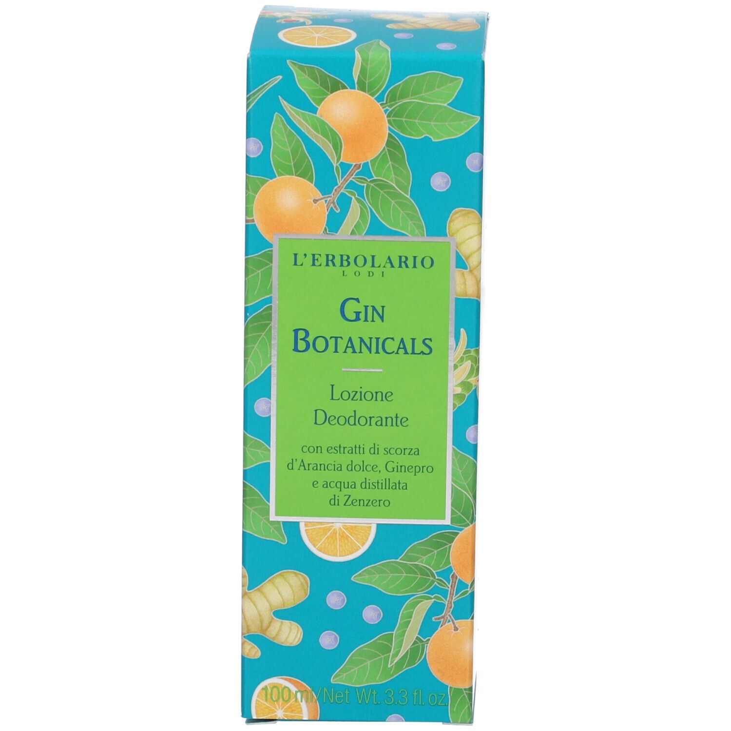 Confezione del prodotto. Scritta: L'Erbolario, Gin Botanicals, Lozione Deodorante. Motivi di arance e zenzero. 100ml.