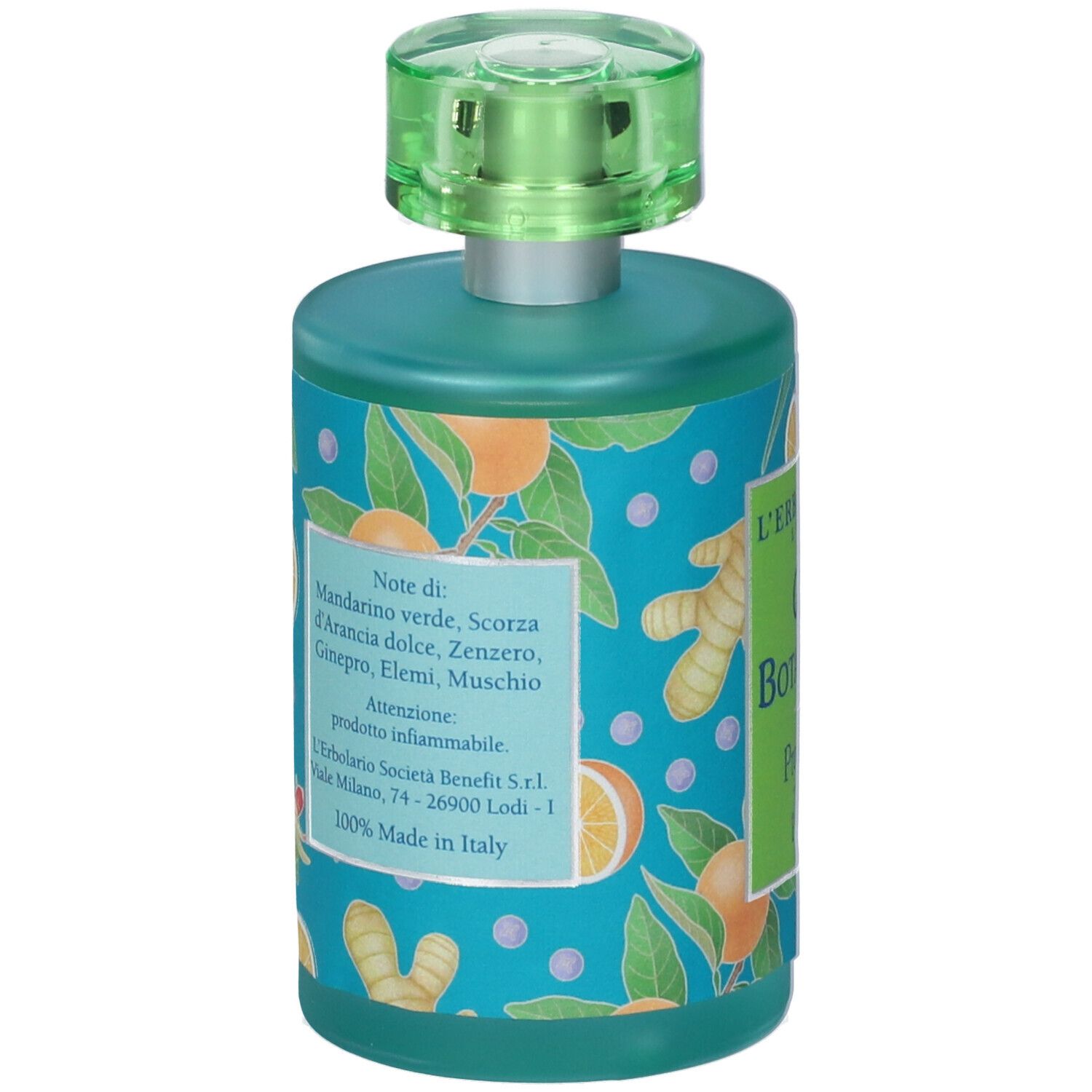 Flacone turchese con vaporizzatore verde. Retro con ingredienti e informazioni produttore.