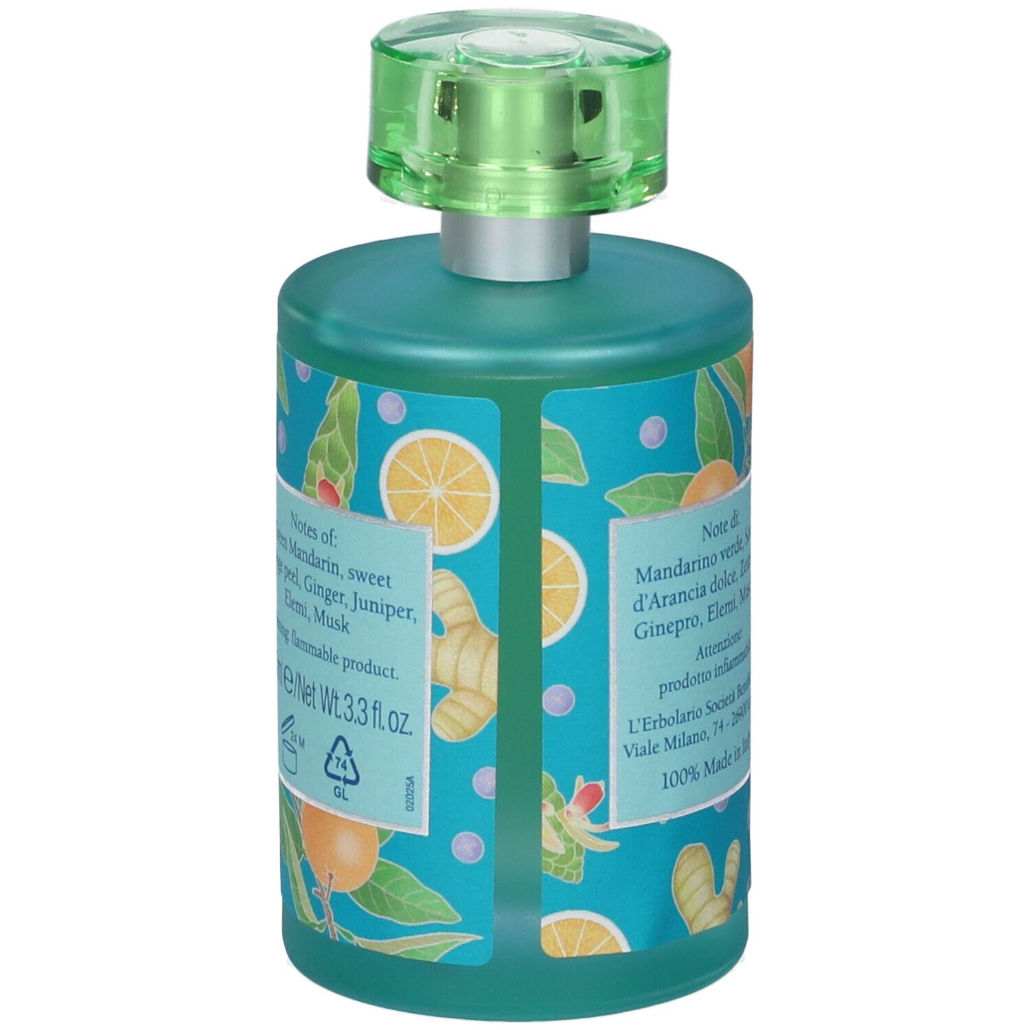 Flacone turchese con vaporizzatore verde. Retro con ingredienti e informazioni produttore.