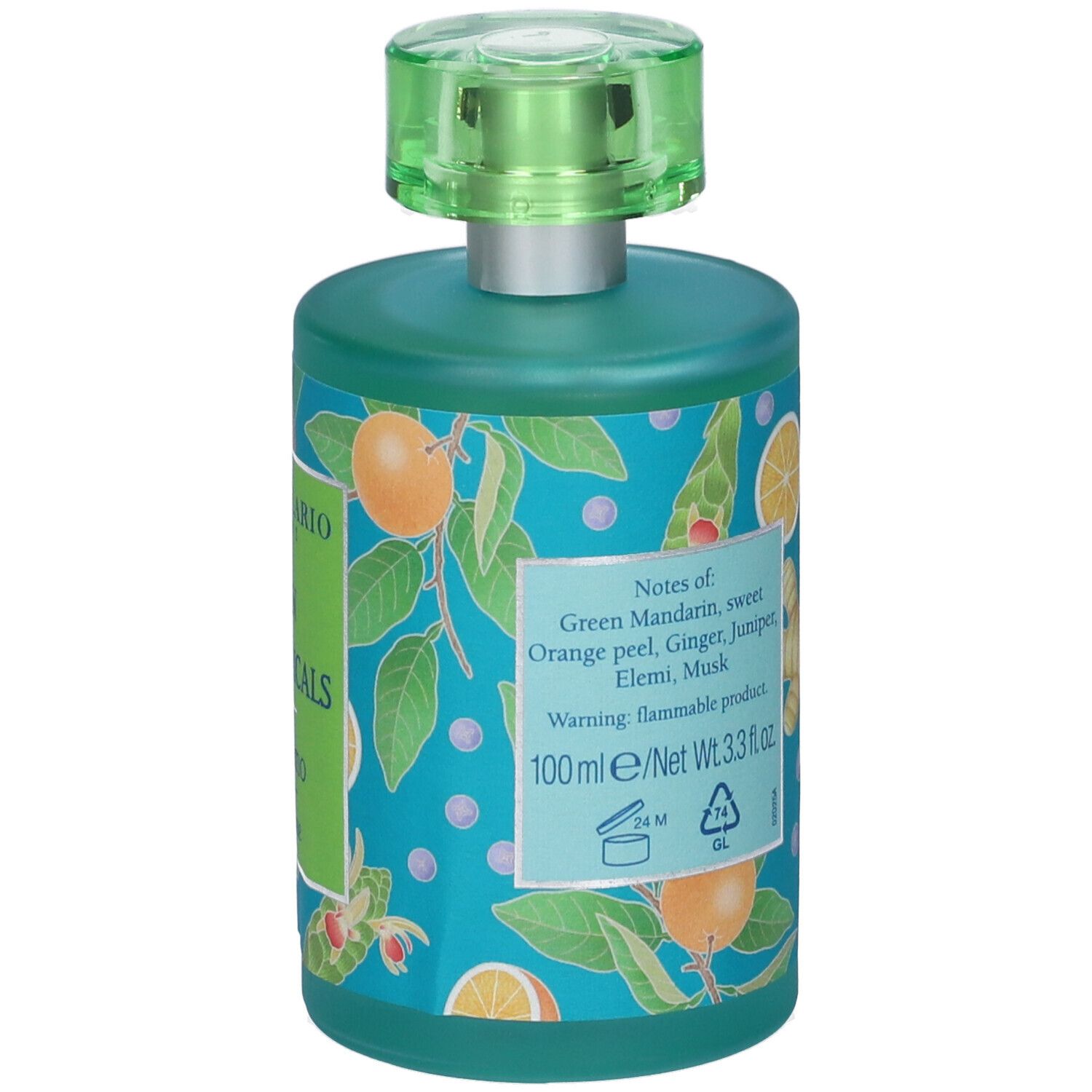 Flacone turchese con vaporizzatore verde. Retro con ingredienti e informazioni produttore.