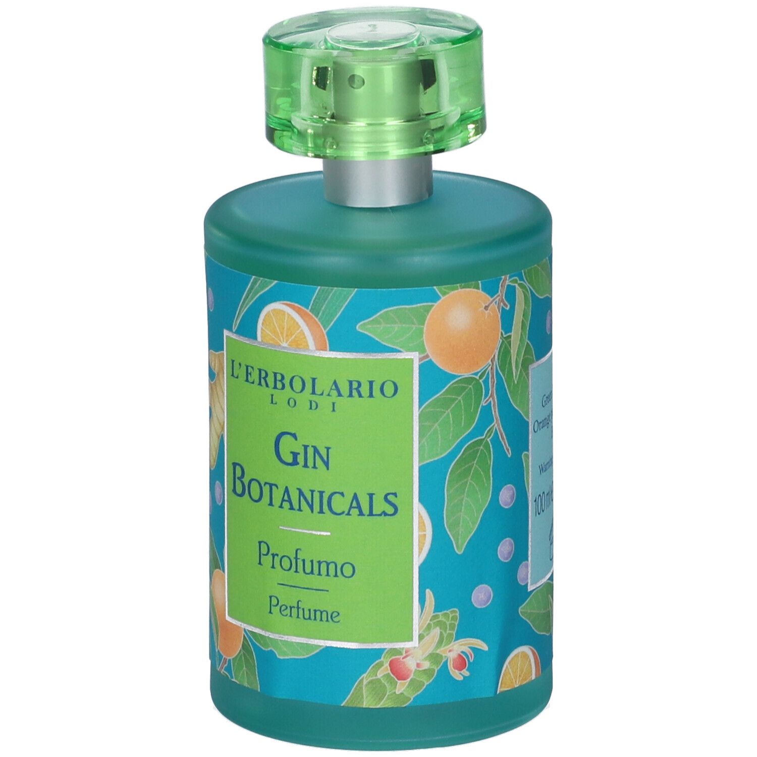 Flacone turchese con vaporizzatore verde. Etichetta con scritta Gin Botanicals e L'Erbolario.