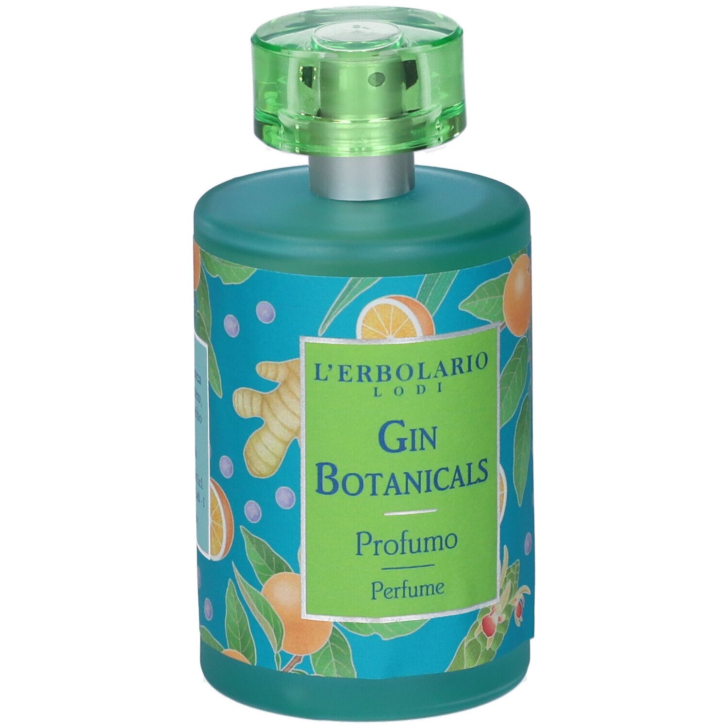 Flacone turchese con vaporizzatore verde. Etichetta con scritta Gin Botanicals e L'Erbolario.