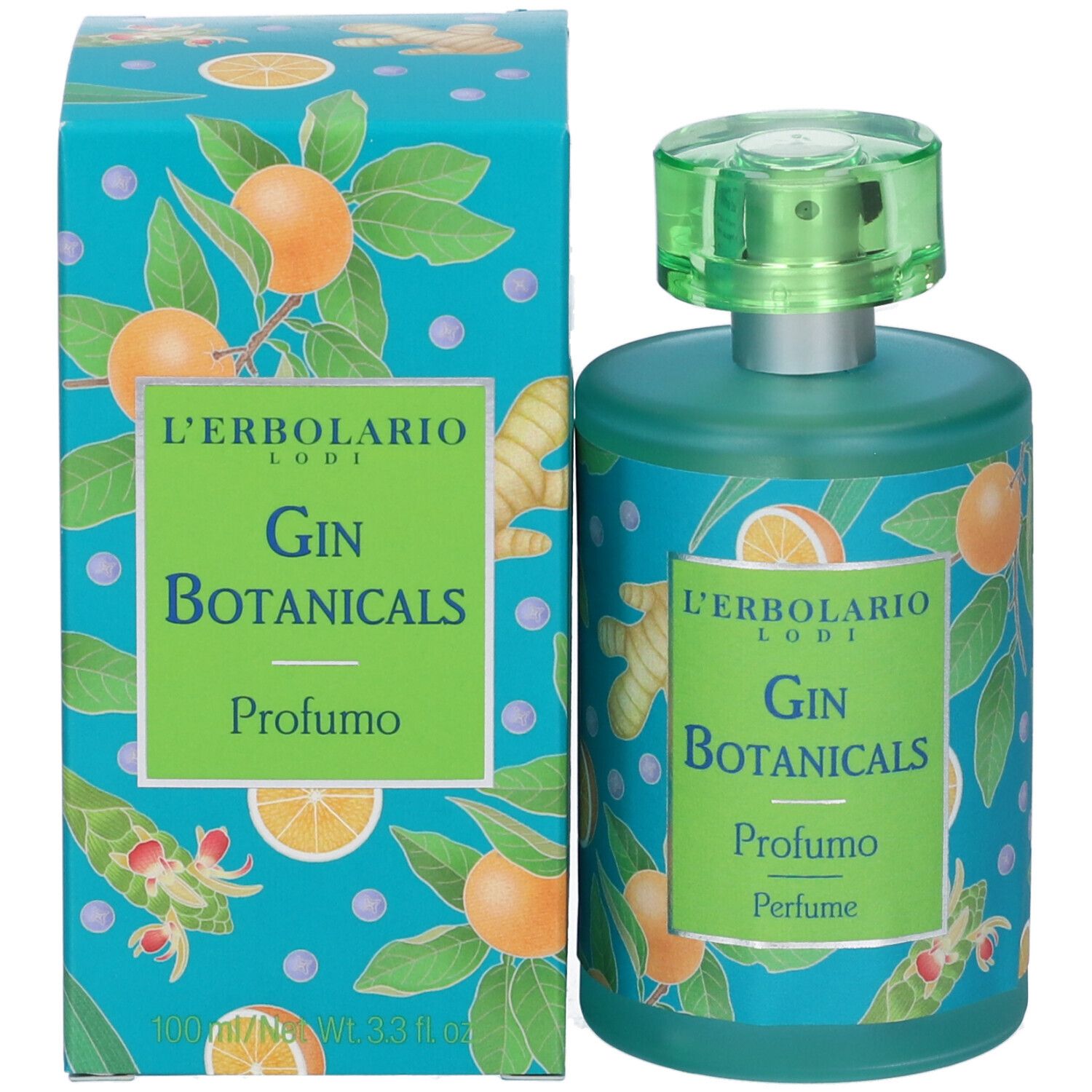 Flacone e scatola. Flacone turchese con vaporizzatore verde. Scatola con design Gin Botanicals.