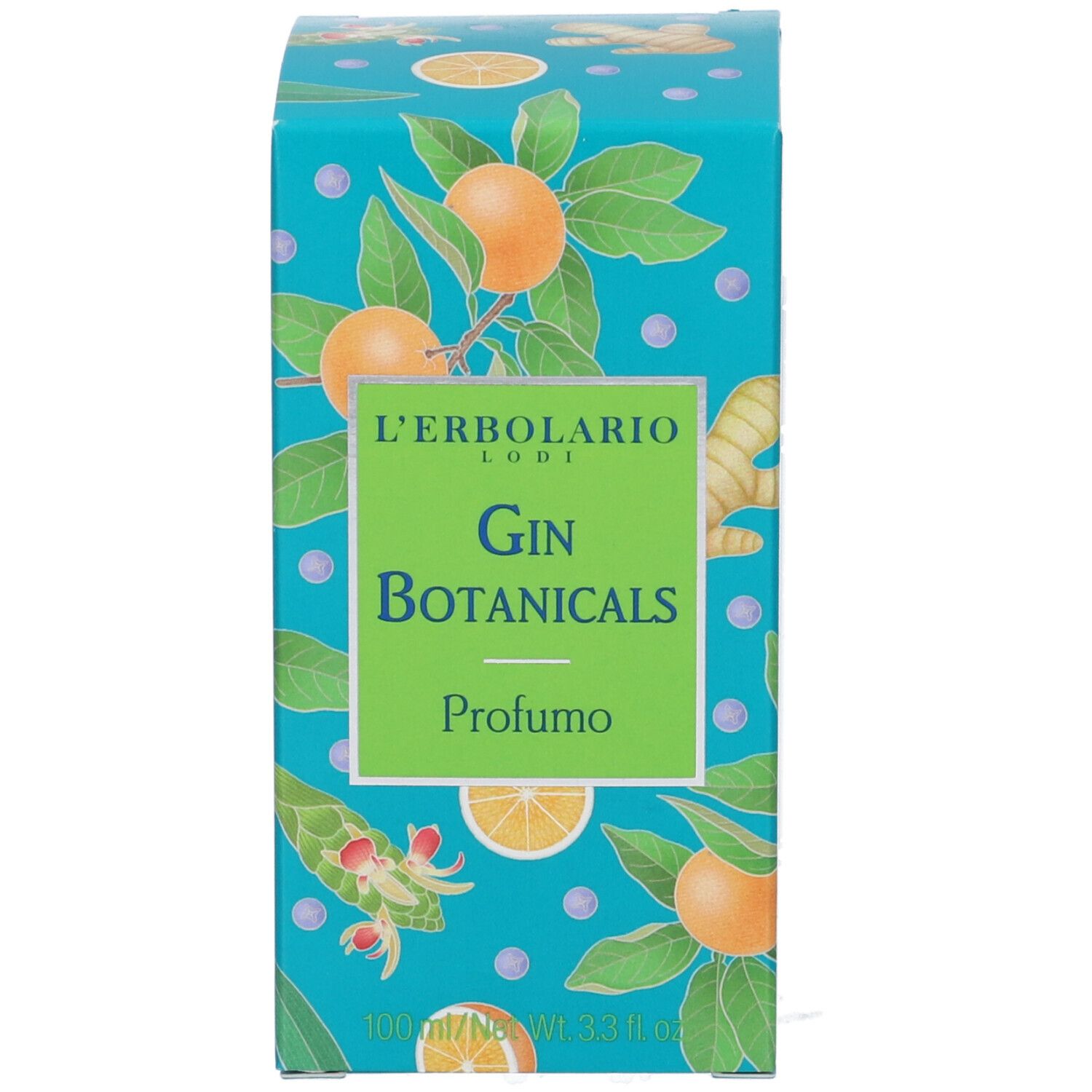 Scatola turchese con design Gin Botanicals. Scritta Gin Botanicals e L'Erbolario.