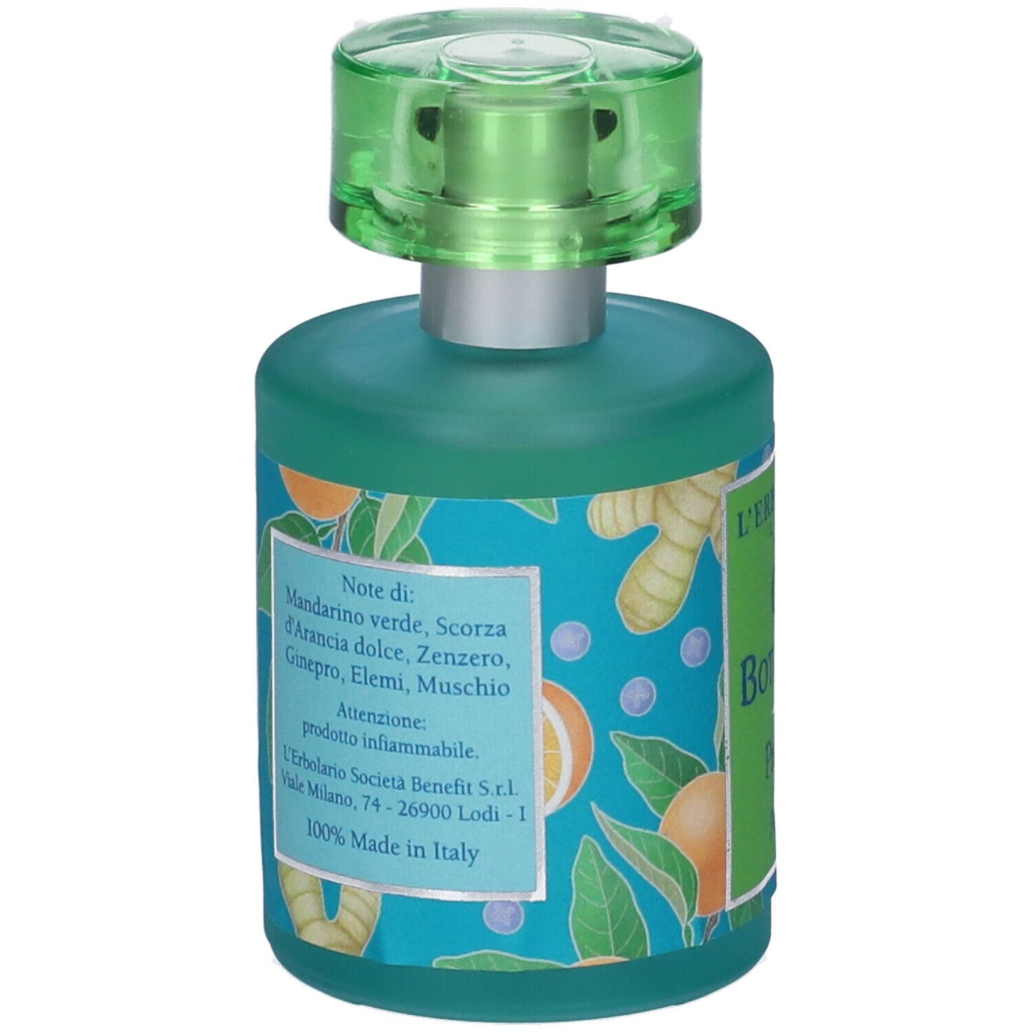 Retro del flacone di vetro verde. Testo: ingredienti, avvertenza, indirizzo del produttore, paese di origine.