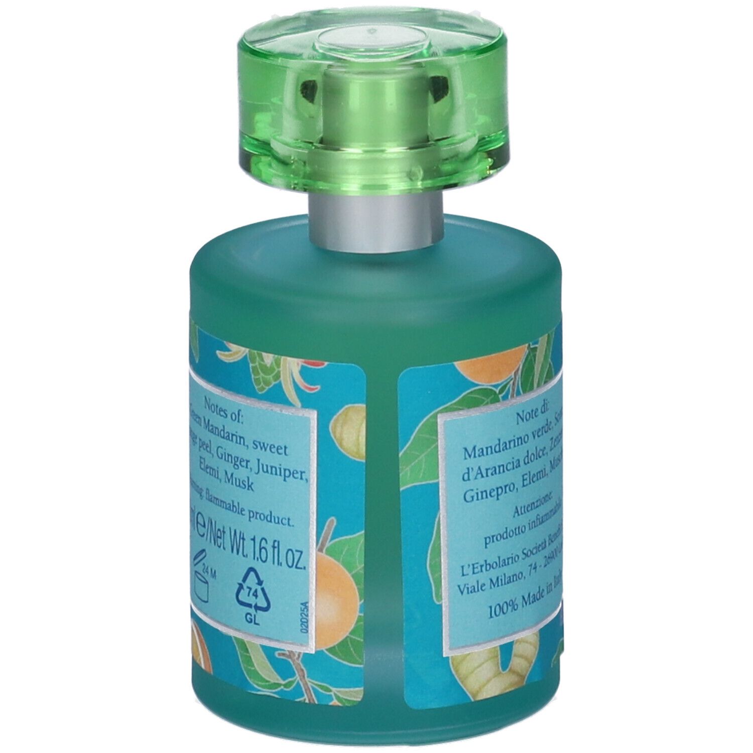 Vista posteriore del flacone di vetro verde. Testo: ingredienti, avvertenza, indirizzo del produttore, paese di origine, peso netto.