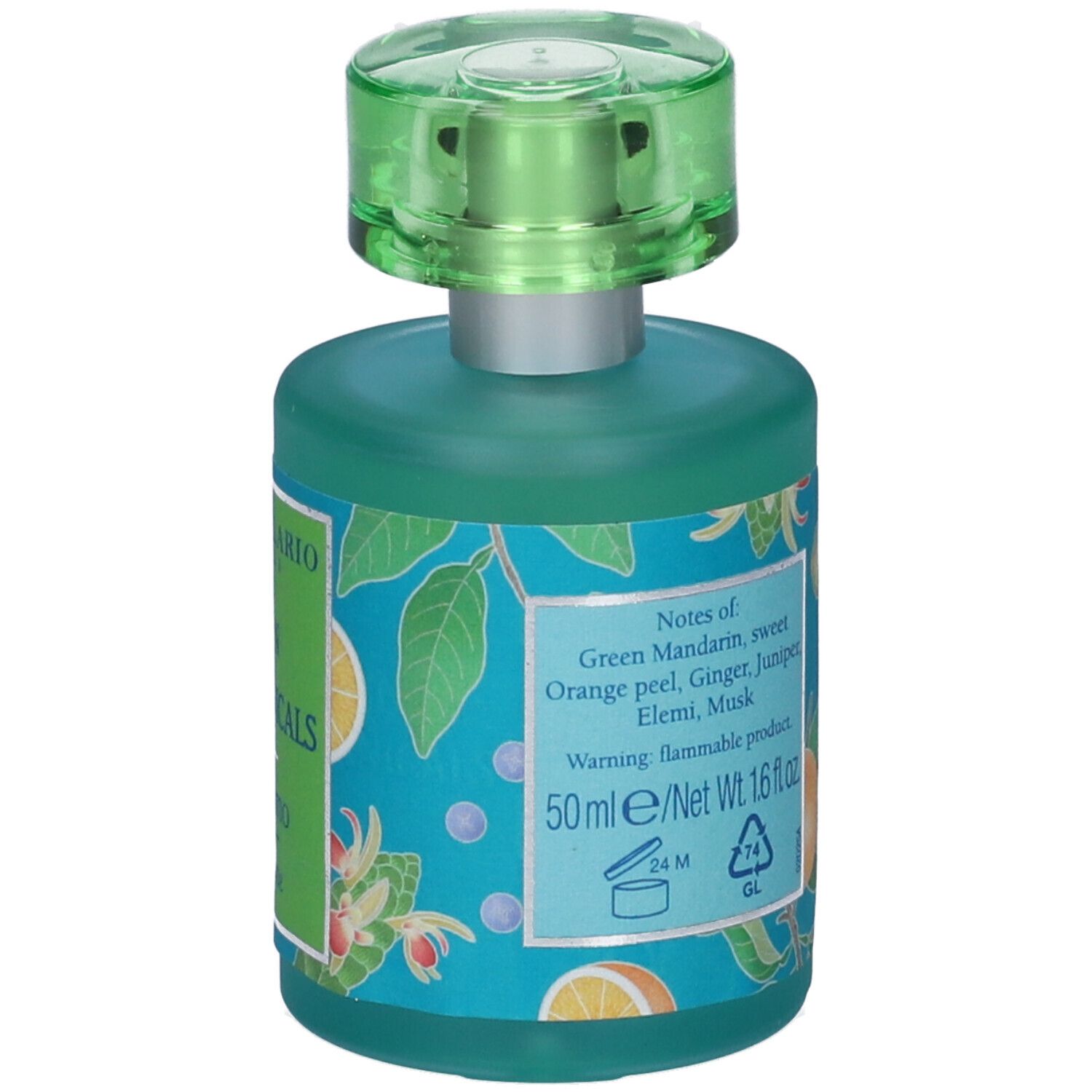 Flacone di vetro verde con tappo verde. Scritta: Gin Botanicals Profumo. Contenuto netto 50 ml. Decorazioni con frutta.