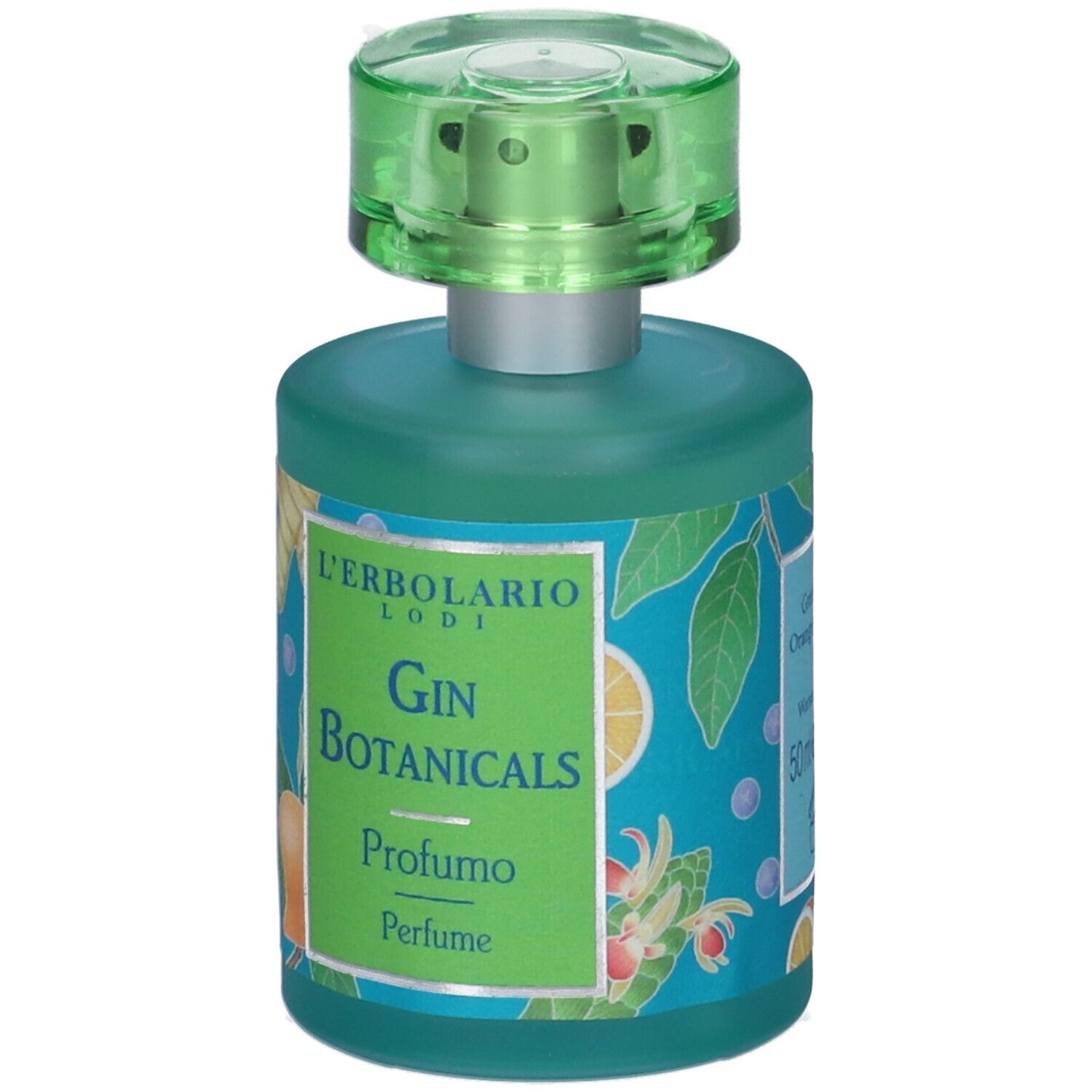 Flacone di vetro verde con tappo verde. Scritta: Gin Botanicals Profumo. Decorazioni con frutta e foglie.