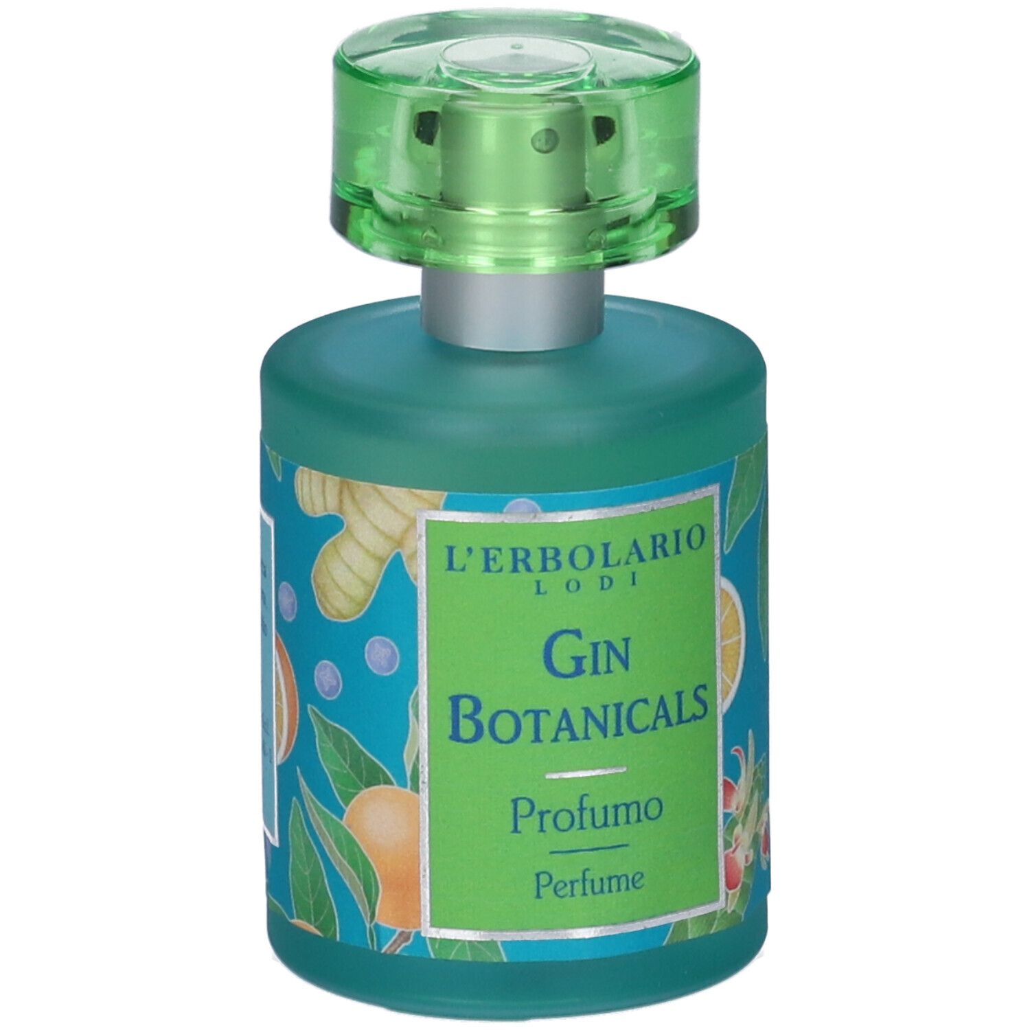 Flacone di vetro verde con tappo verde. Scritta: Gin Botanicals Profumo. Decorazioni con frutta e foglie.