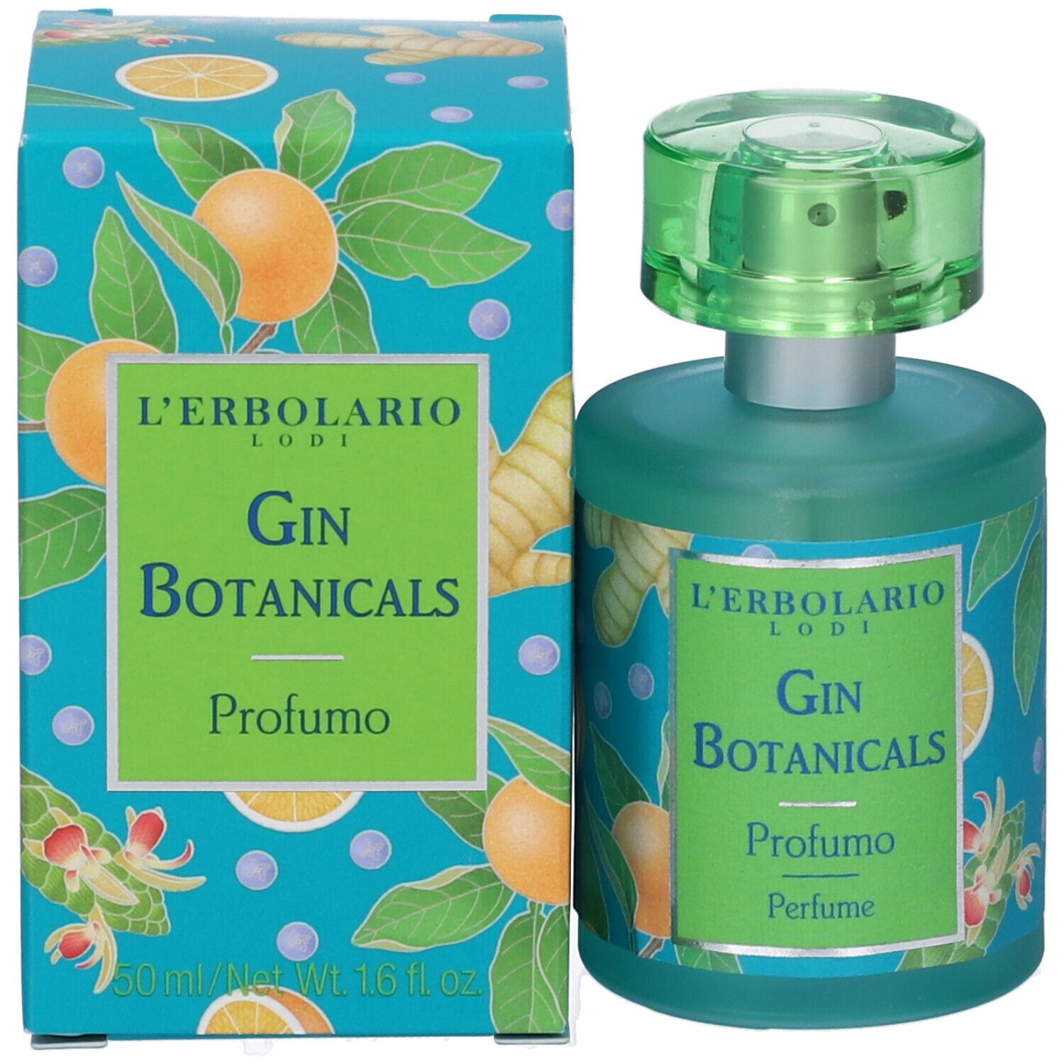 Flacone di vetro verde e confezione. Scritta: Gin Botanicals Profumo. Decorazioni con frutta e foglie. Contenuto netto 50 ml.