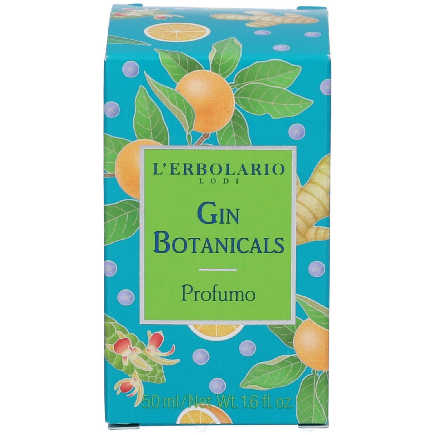 Confezione con scritta: Gin Botanicals Profumo. Decorazioni con frutta e foglie. Contenuto netto 50 ml.