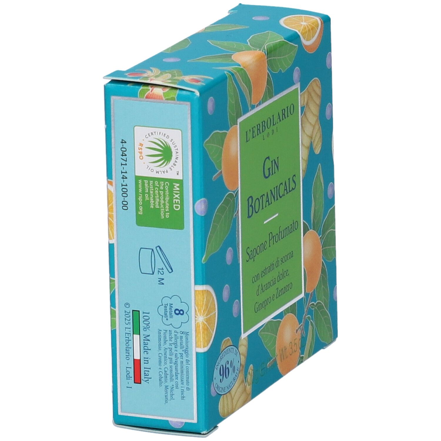 Confezione di sapone L'Erbolario Gin Botanicals. Turchese con arance, zenzero e foglie. Vista laterale con testo e loghi.