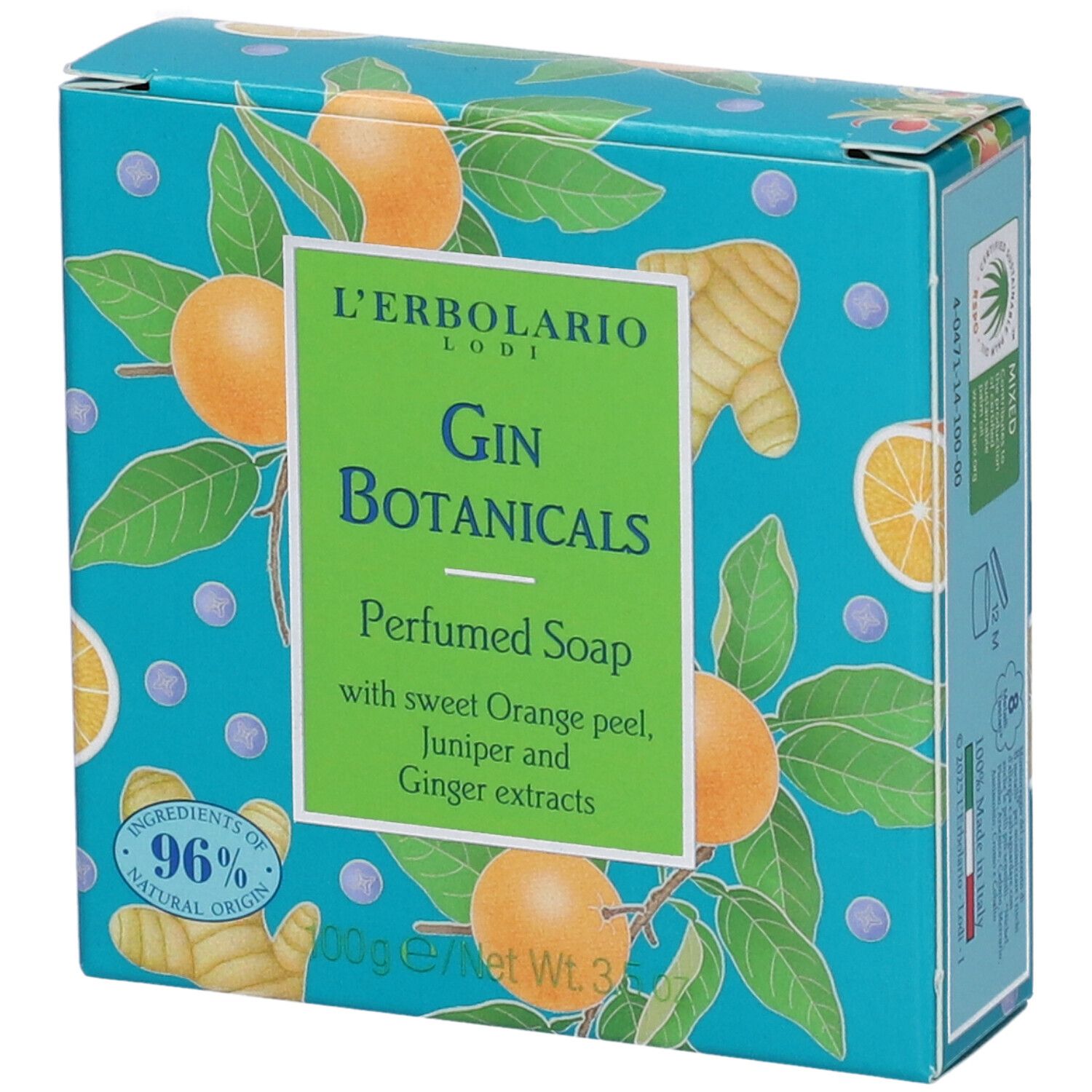 Confezione di sapone L'Erbolario Gin Botanicals. Turchese con arance, zenzero e foglie. Testo: Perfumed Soap, con arancia, ginepro e zenzero.