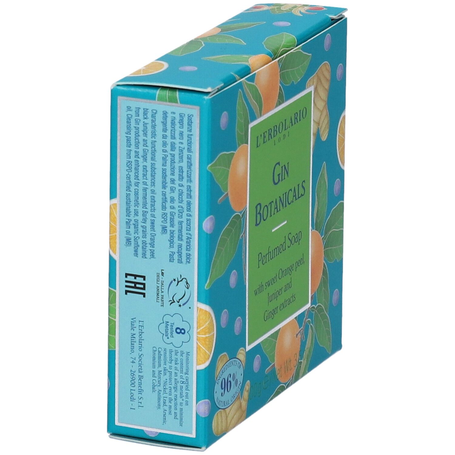 Confezione di sapone L'Erbolario Gin Botanicals. Turchese con arance, zenzero e foglie. Vista laterale con testo e loghi.