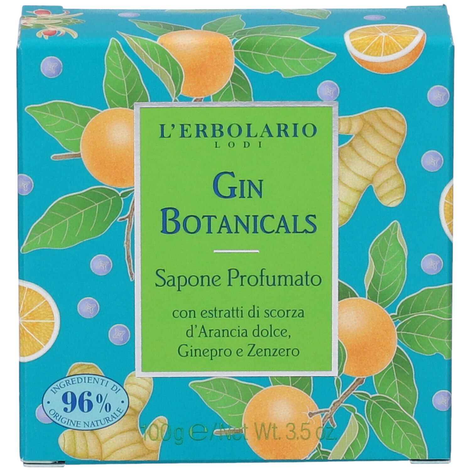 Confezione di sapone L'Erbolario Gin Botanicals. Turchese con arance, zenzero e foglie. Testo: Gin Botanicals, Sapone Profumato.