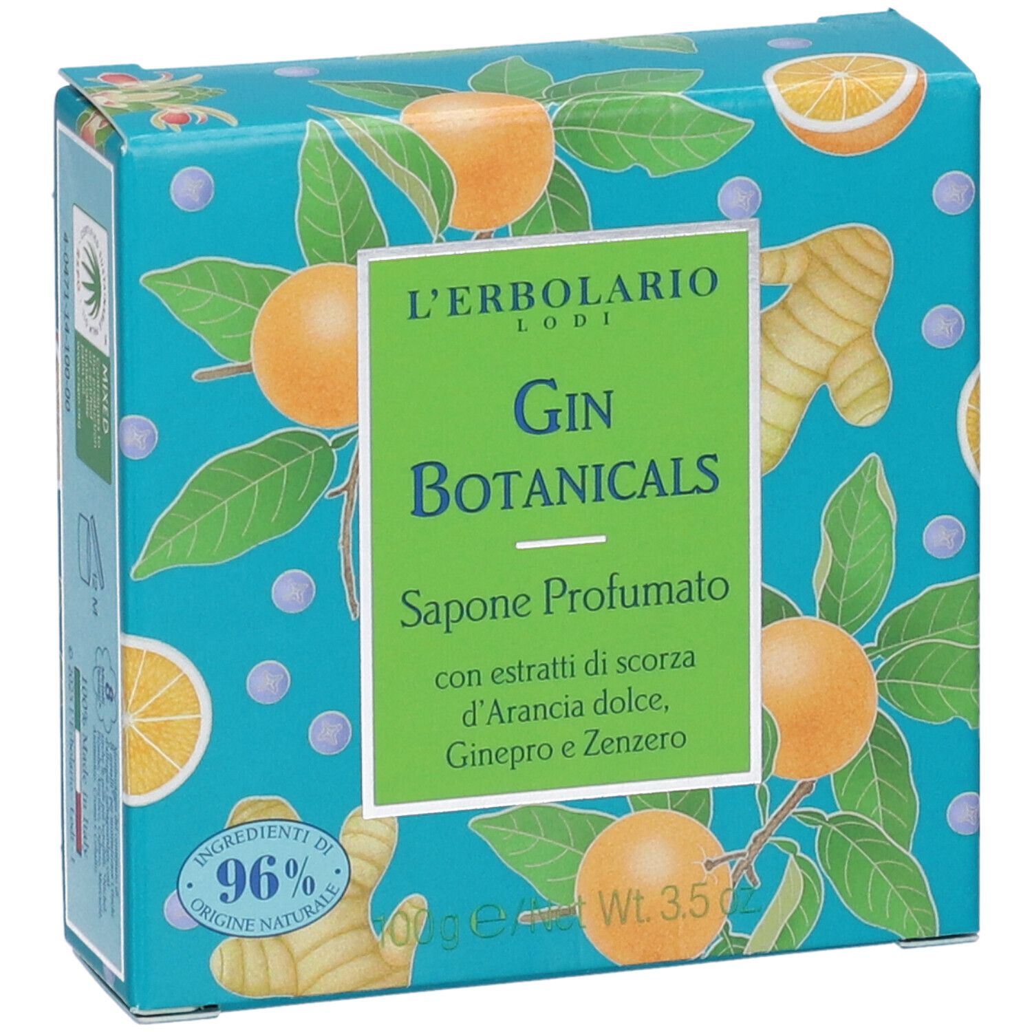Confezione di sapone L'Erbolario Gin Botanicals. Turchese con arance, zenzero e foglie. Testo: Gin Botanicals, Sapone Profumato.
