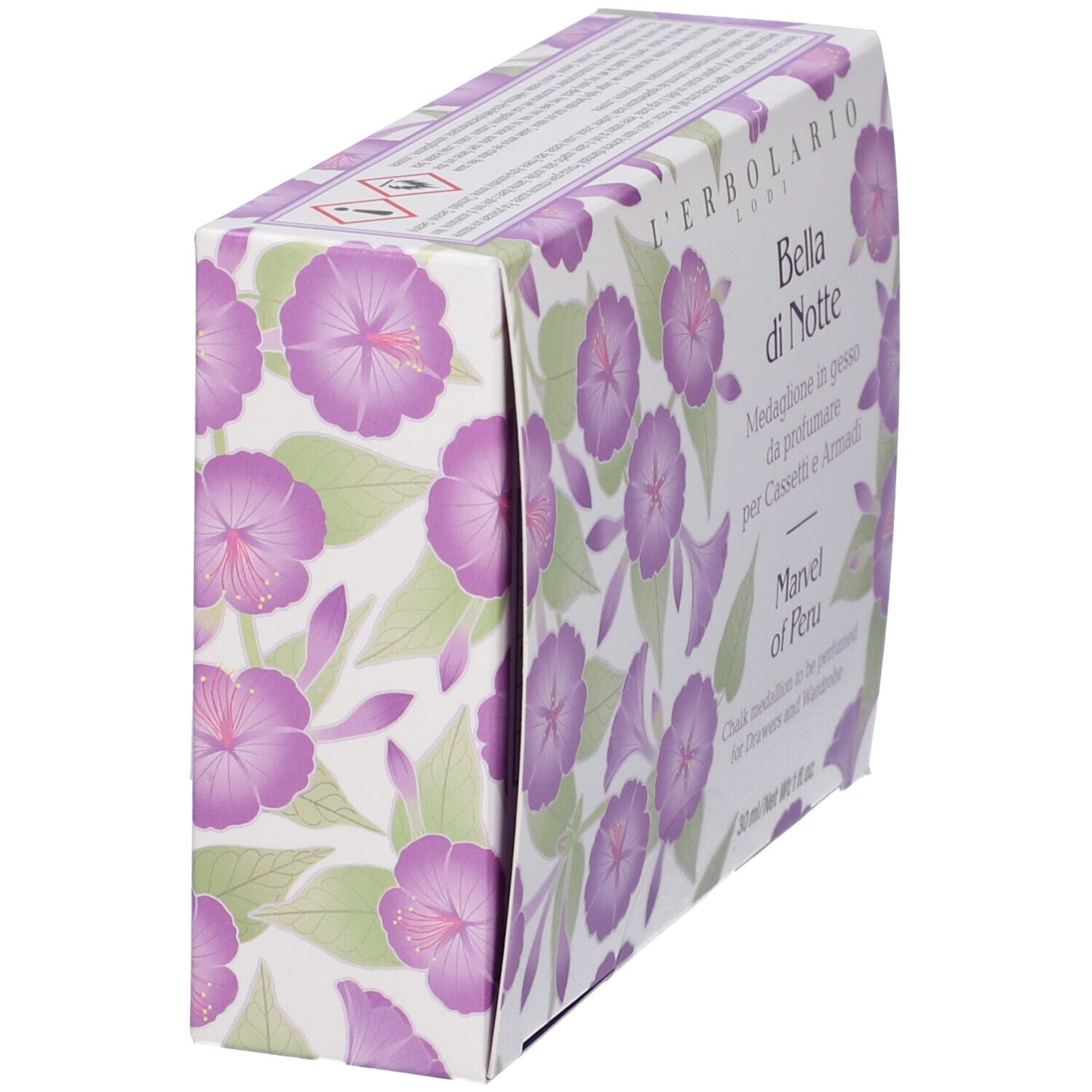 Vista obliqua della confezione L'Erbolario Bella di Notte. Stampa floreale, nome del prodotto visibile.