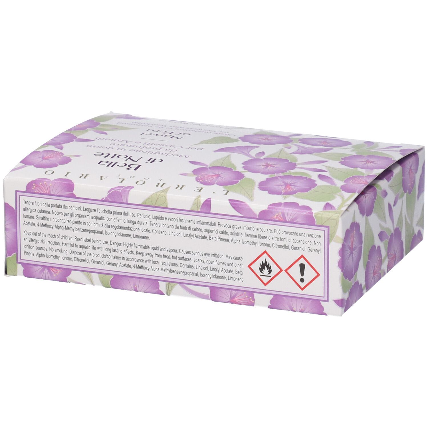 Retro della confezione L'Erbolario Bella di Notte. Testo, avvertenze e simboli di pericolo.