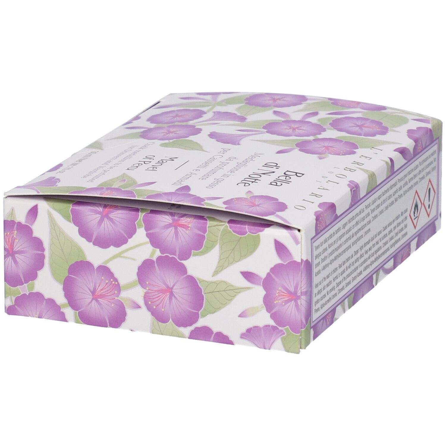 Vista obliqua della confezione L'Erbolario Bella di Notte. Stampa floreale, nome del prodotto visibile.