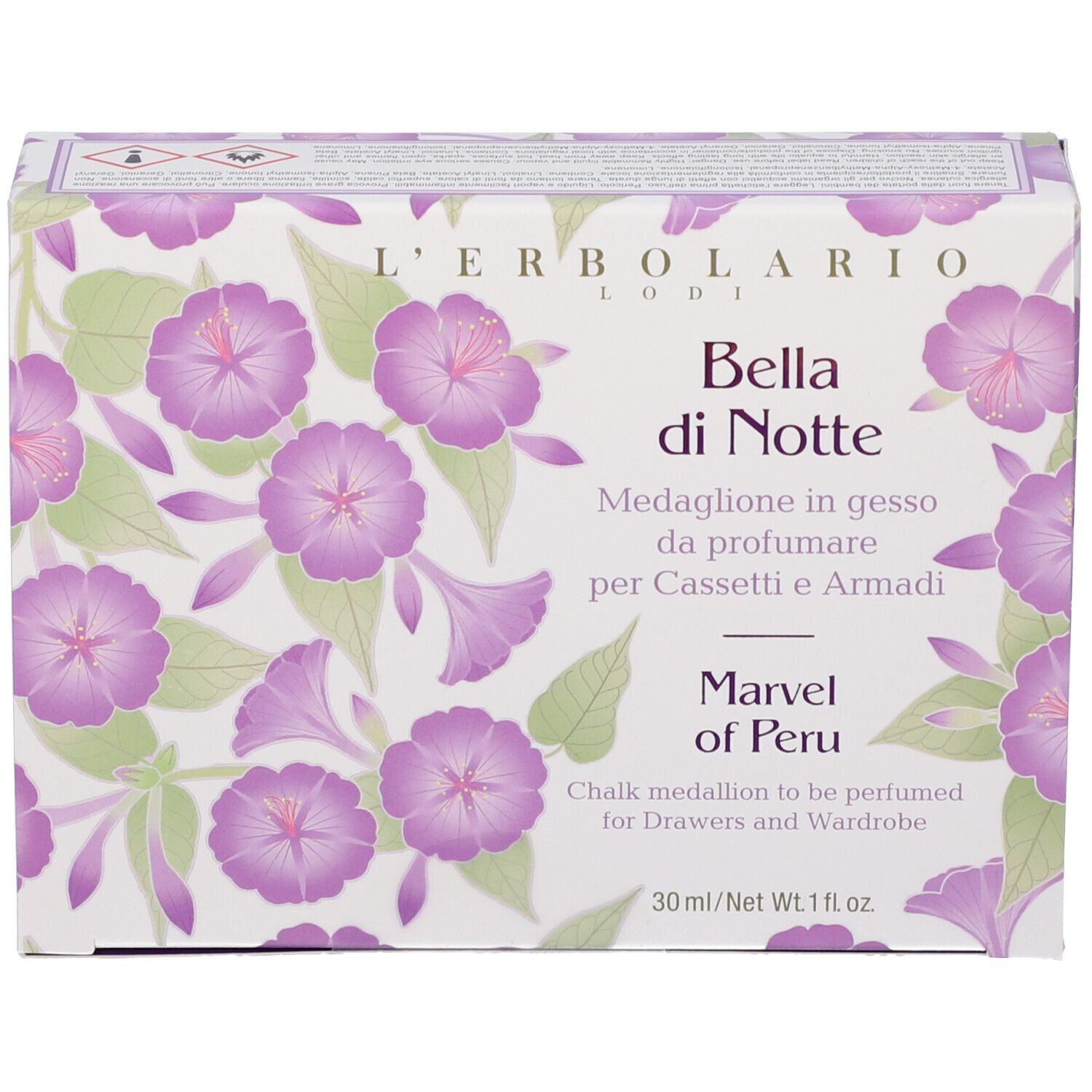 Confezione L'Erbolario Bella di Notte. Scatola floreale con nome prodotto e dettagli. 30 ml/Net Wt.1 fl.oz.