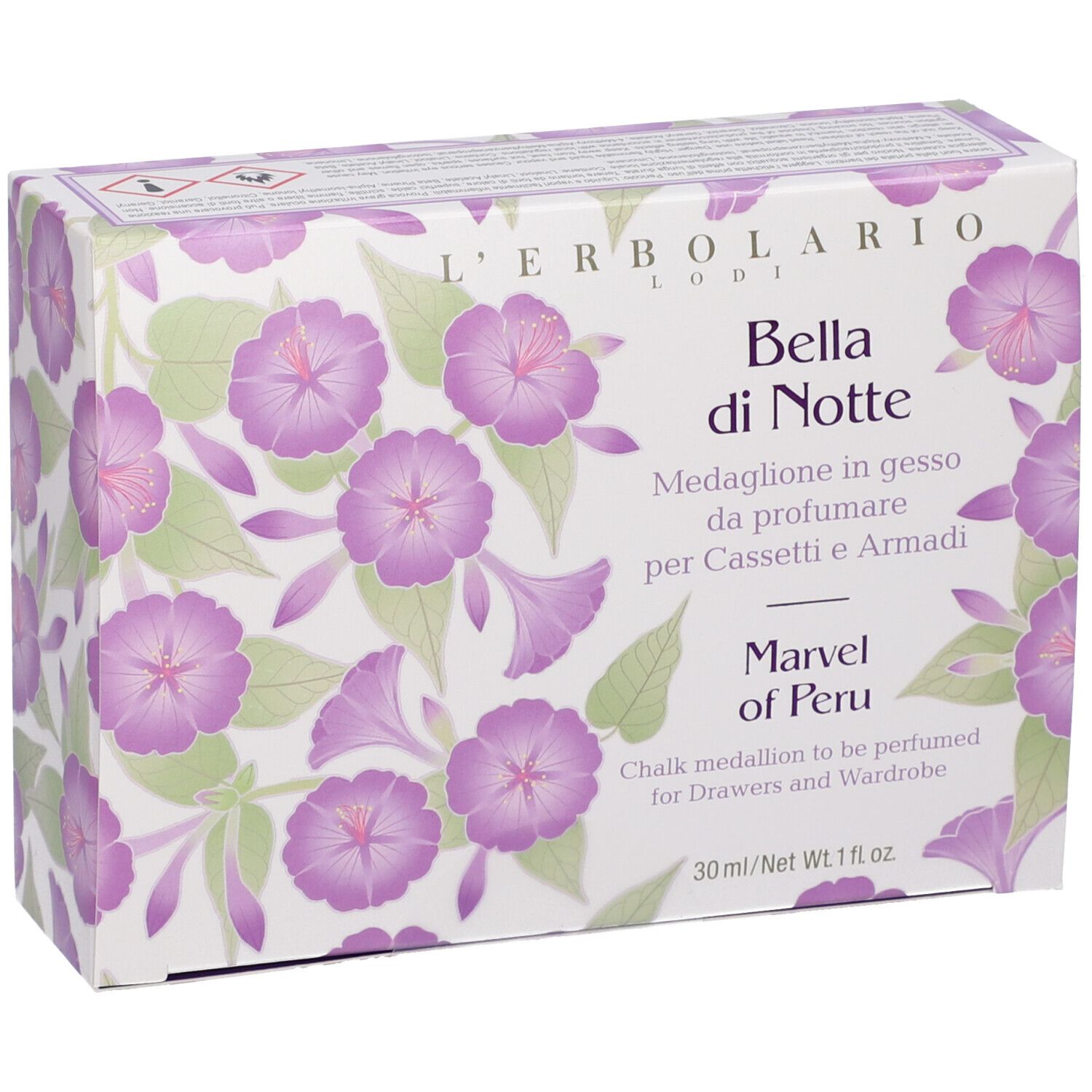 Confezione L'Erbolario Bella di Notte. Scatola floreale con nome prodotto e dettagli. 30 ml/Net Wt.1 fl.oz.