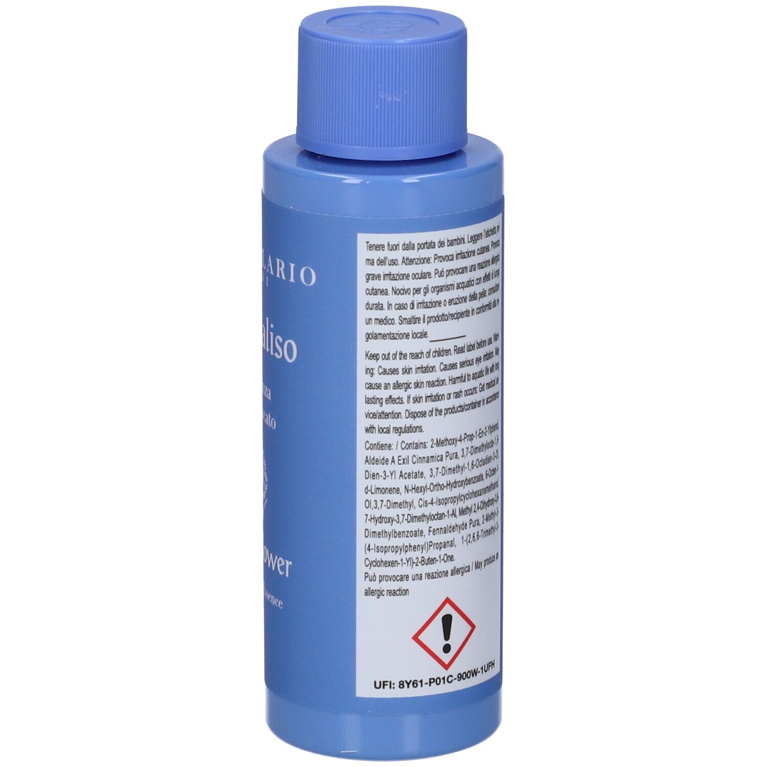 Flacone blu con testo. Testo: istruzioni per l'uso, ingredienti, avvertenze. Scritta: L'Erbolario Lodi, Fiordaliso.