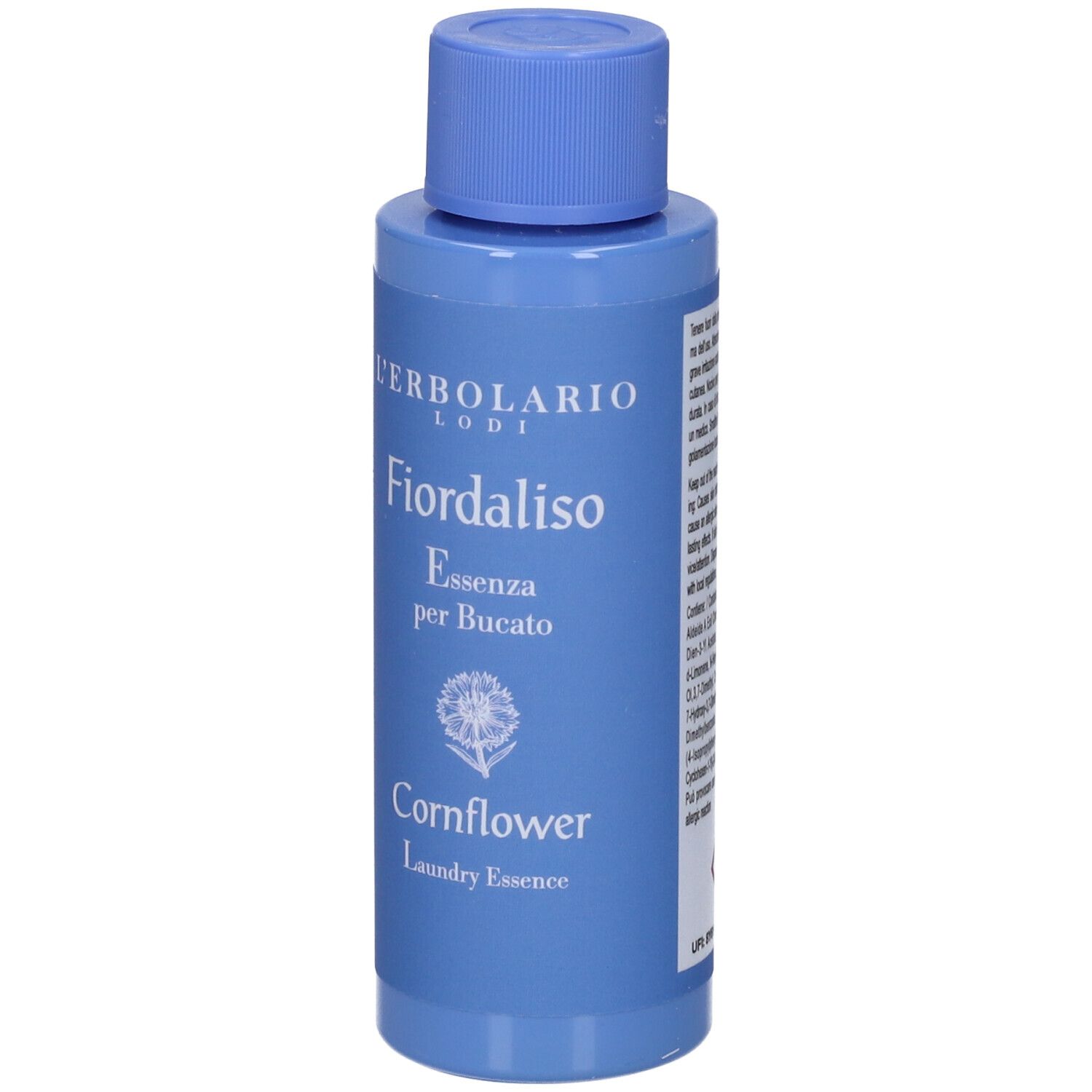 Flacone blu con tappo blu. Scritta: L'Erbolario Lodi, Fiordaliso Essenza per Bucato, Cornflower Laundry Essence.