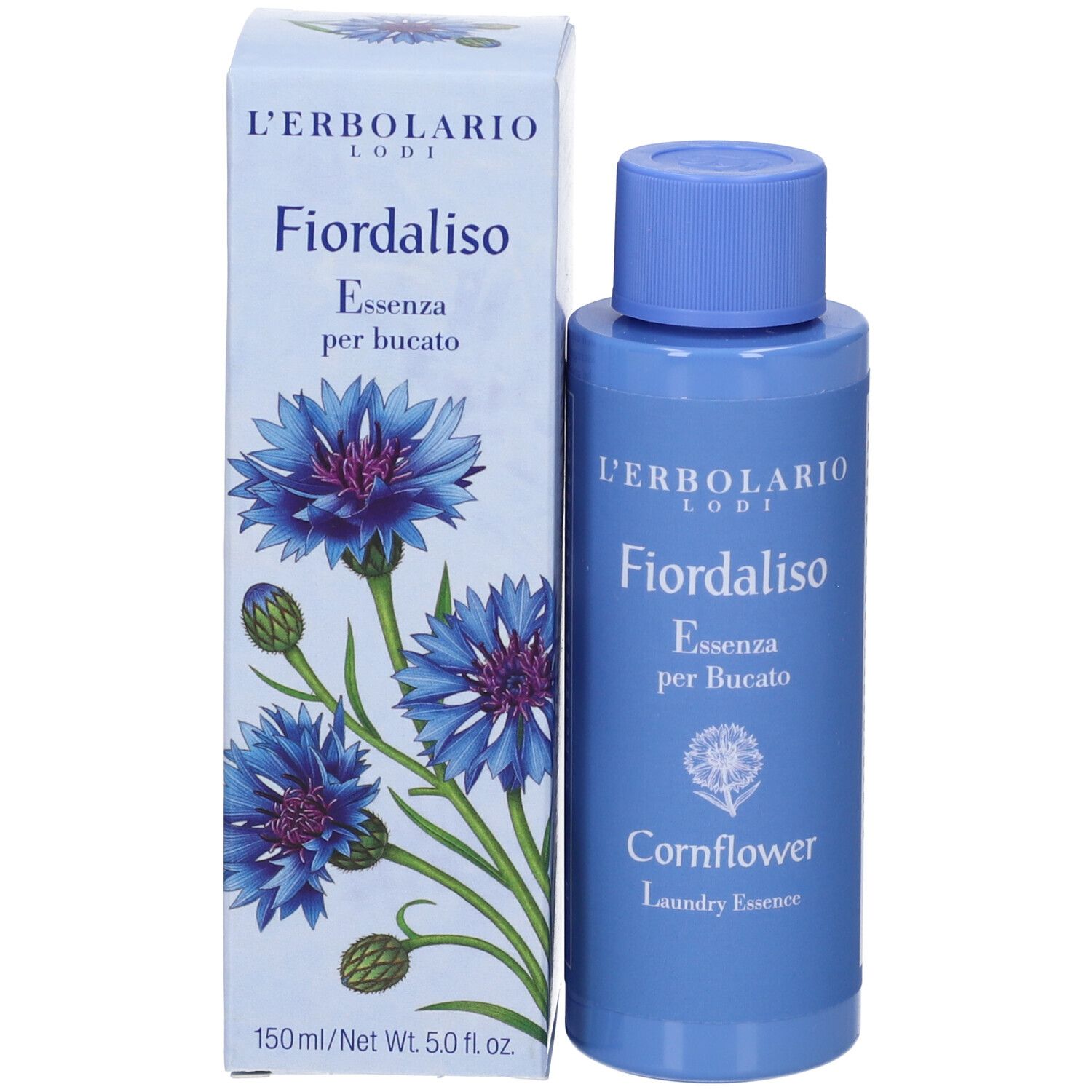 Prodotto e confezione. Flacone blu e scatola. Scritta: L'Erbolario Lodi, Fiordaliso Essenza per Bucato, Cornflower Laundry Essence.