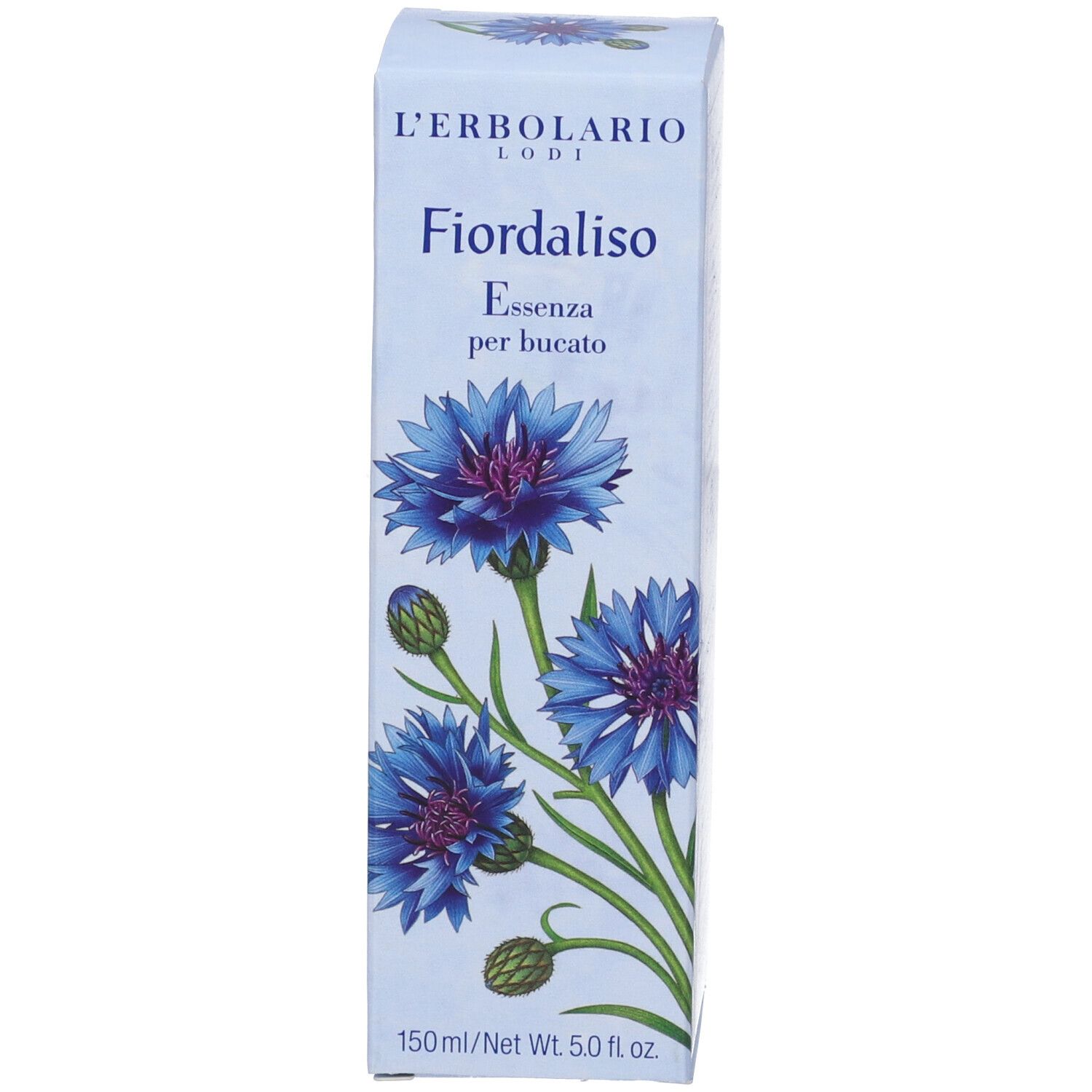 Confezione in cartone. Scritta: L'Erbolario Lodi, Fiordaliso Essenza per Bucato. Illustrazione di fiordalisi.