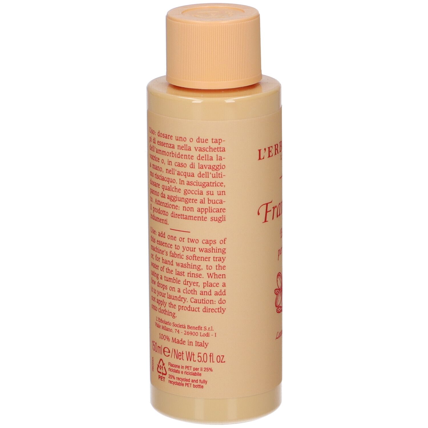 Retro del flacone. Testo in italiano. Scritta: L'Erbolario Lodi, Frangipani. 150ml/Net 5.0 fl oz. Simbolo PET.