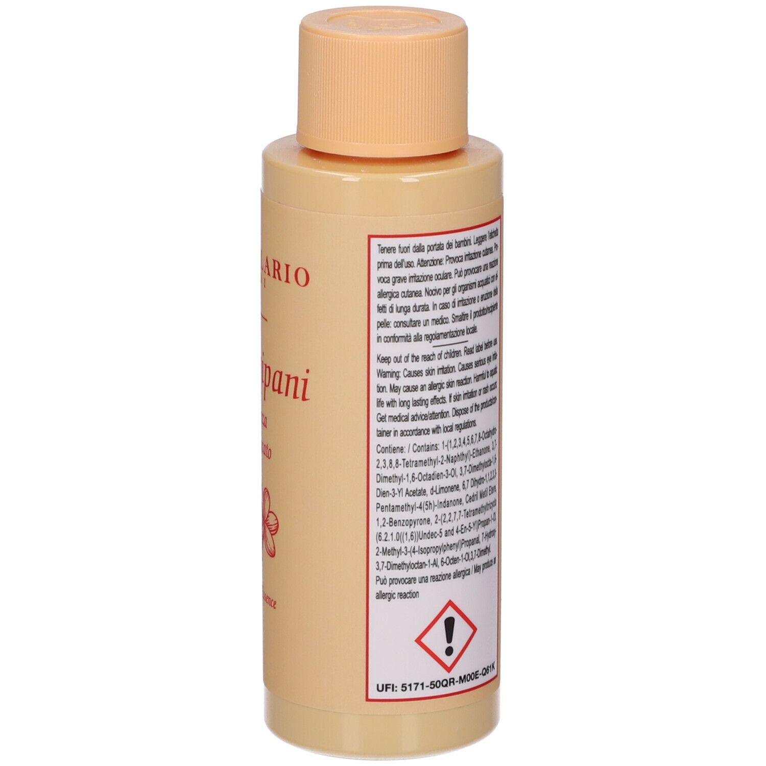 Retro del flacone. Testo in italiano. Avvertenza. Scritta: L'Erbolario Lodi, Frangipani. Simbolo di pericolo.