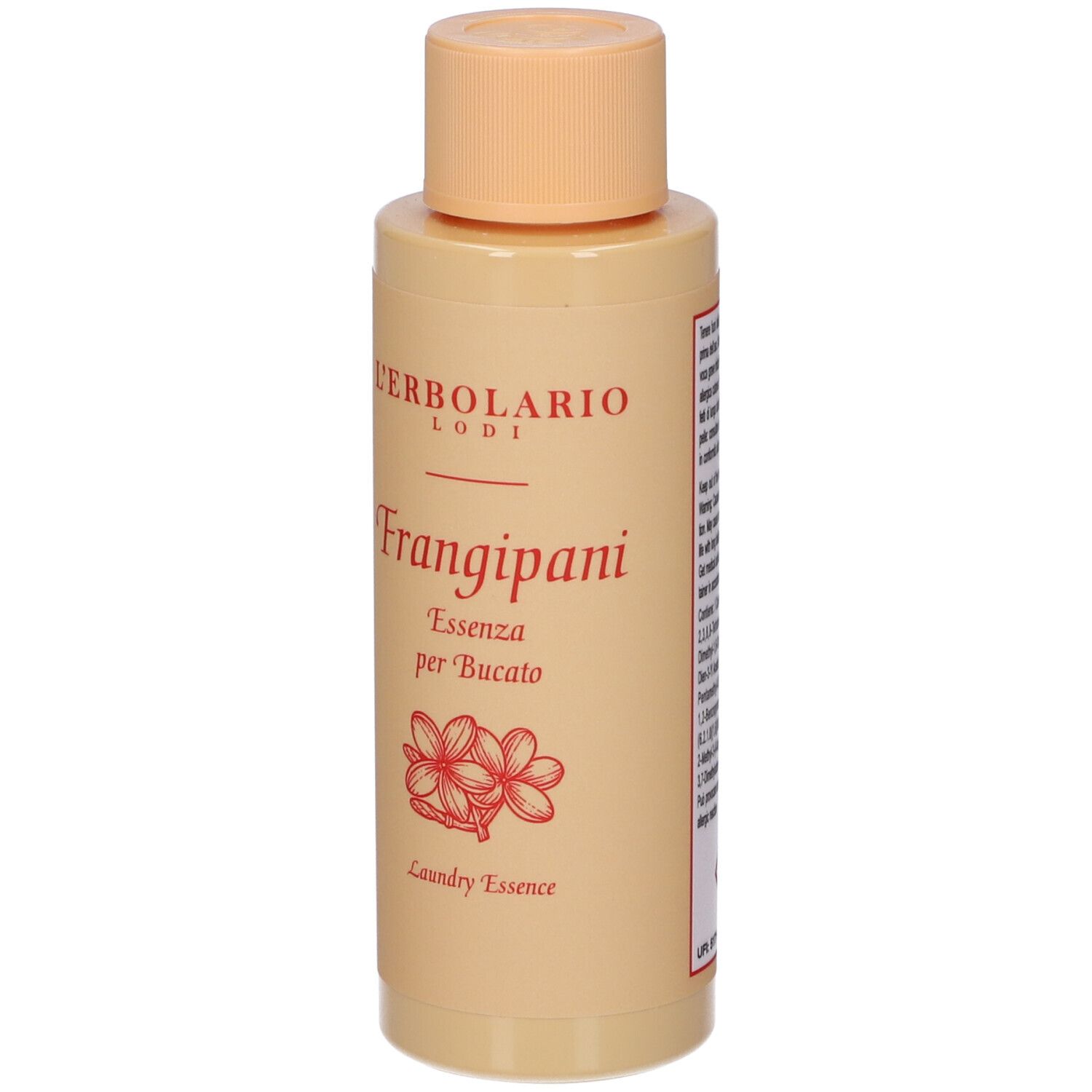 Flacone beige con tappo beige. Scritta: L'Erbolario Lodi, Frangipani, Essenza per Bucato, Laundry Essence. Fiori rossi.