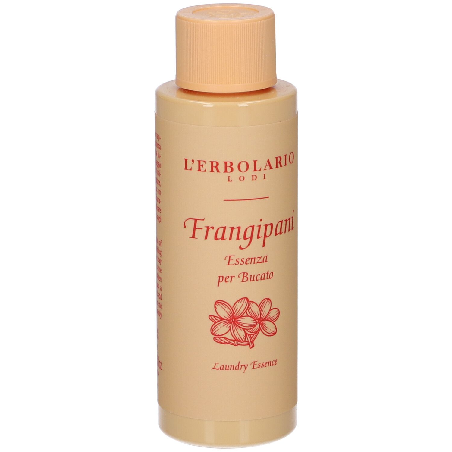 Flacone beige con tappo beige. Scritta: L'Erbolario Lodi, Frangipani, Essenza per Bucato, Laundry Essence. Fiori rossi.