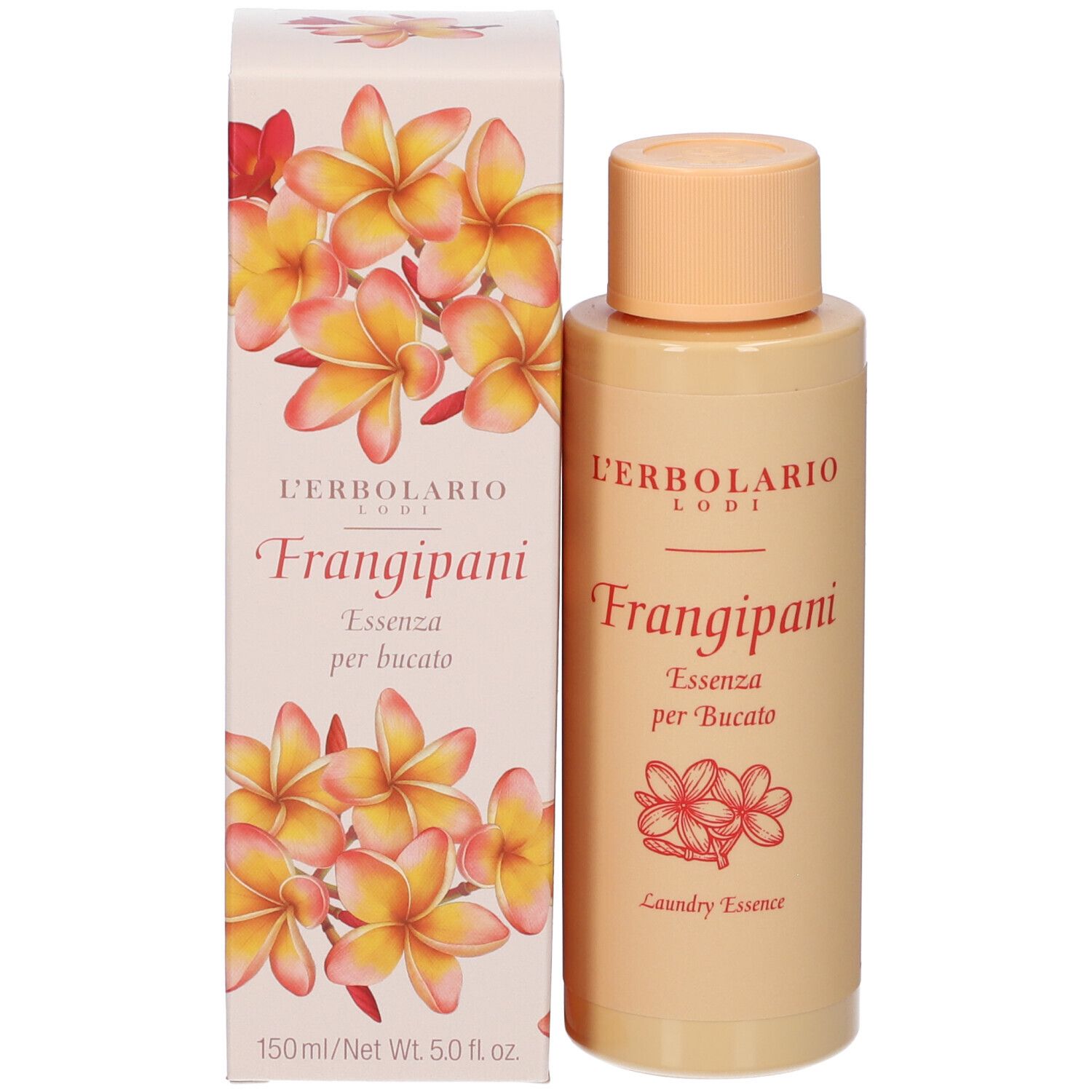 Confezione e flacone. Scritta: L'Erbolario Lodi, Frangipani, Essenza per Bucato. 150ml/Net 5.0 fl oz. Motivo floreale.
