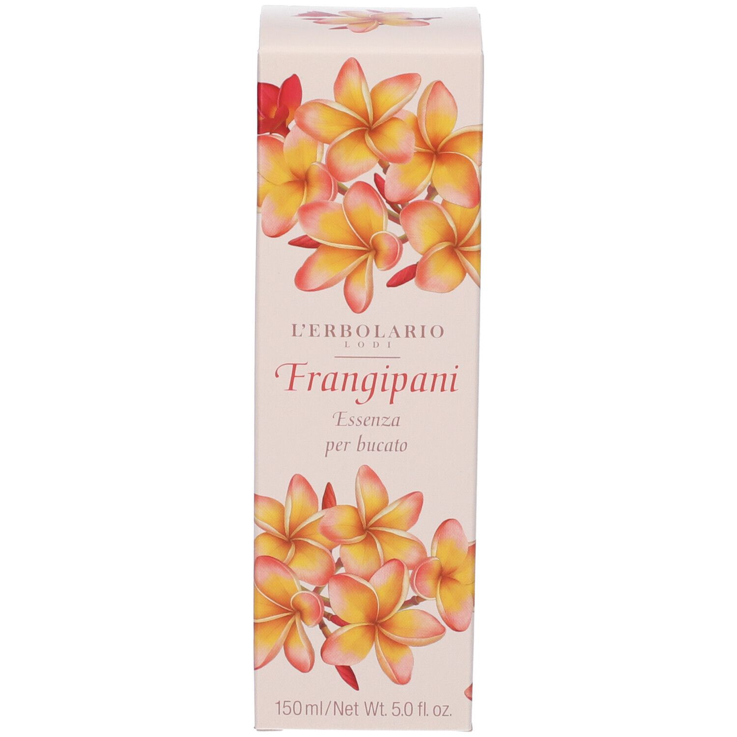 Confezione del prodotto. Scritta: L'Erbolario Lodi, Frangipani, Essenza per Bucato. 150ml/Net 5.0 fl oz. Motivo floreale.