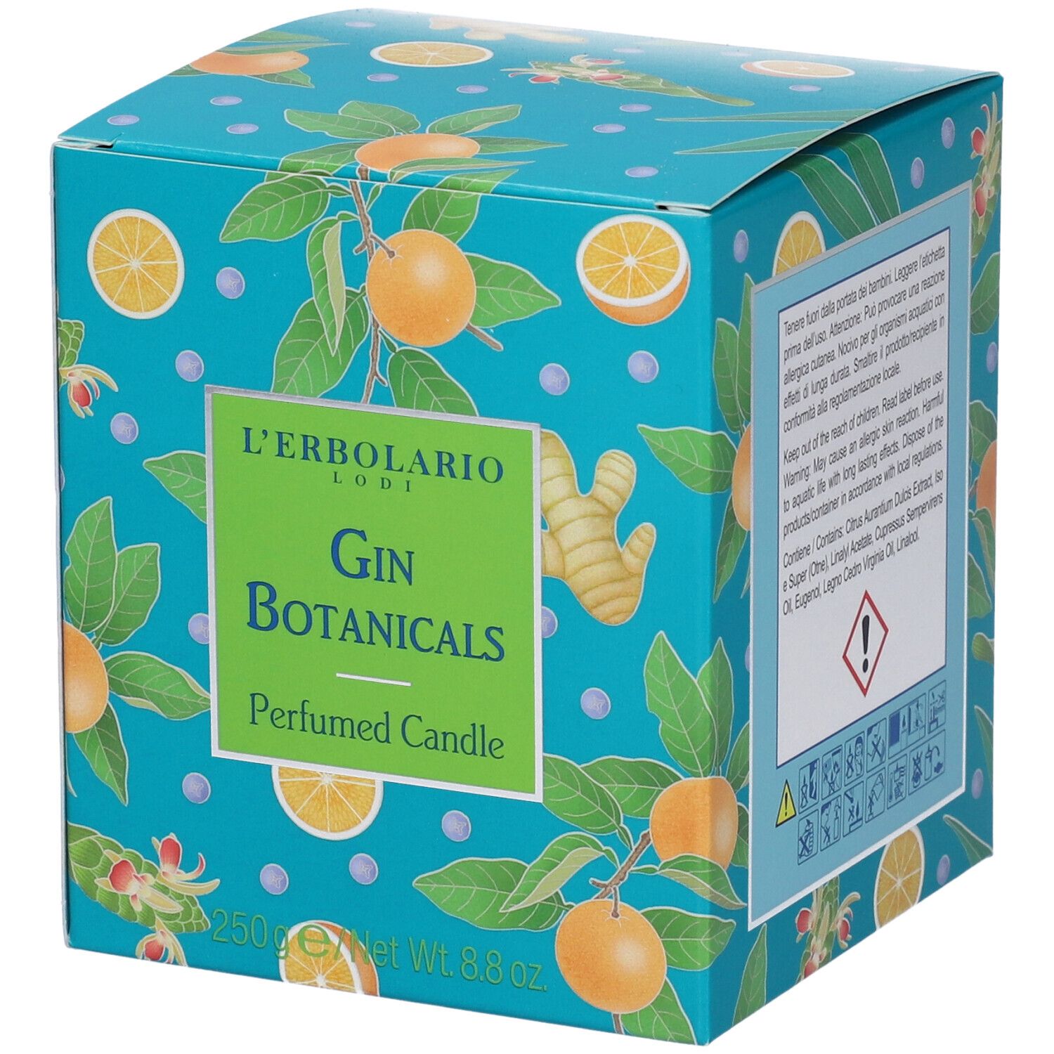 Scatola turchese con motivi di arance e zenzero. Scritto: Gin Botanicals, Perfumed Candle. Marchio: L'Erbolario.