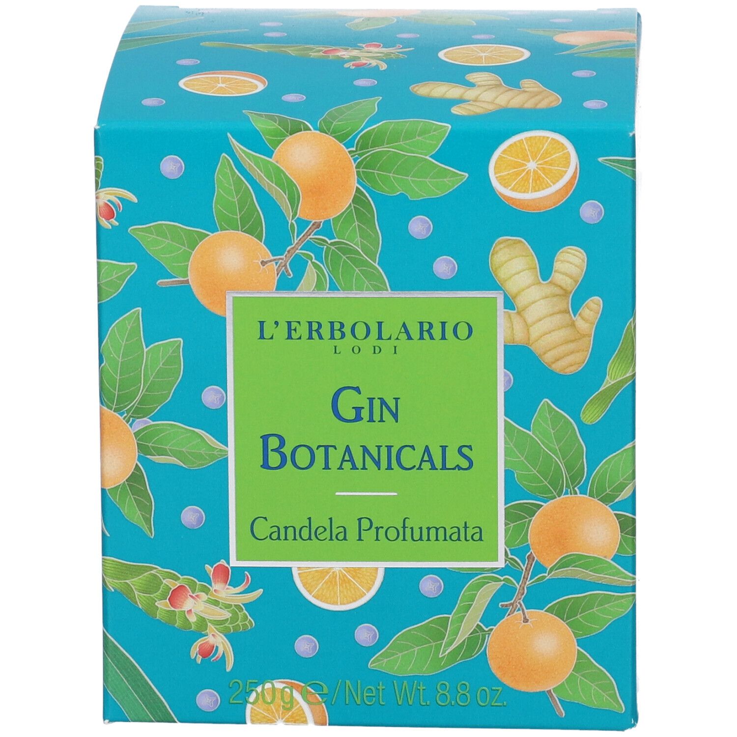 Scatola turchese con motivi di arance e zenzero. Scritto: Gin Botanicals, Candela Profumata. Marchio: L'Erbolario.
