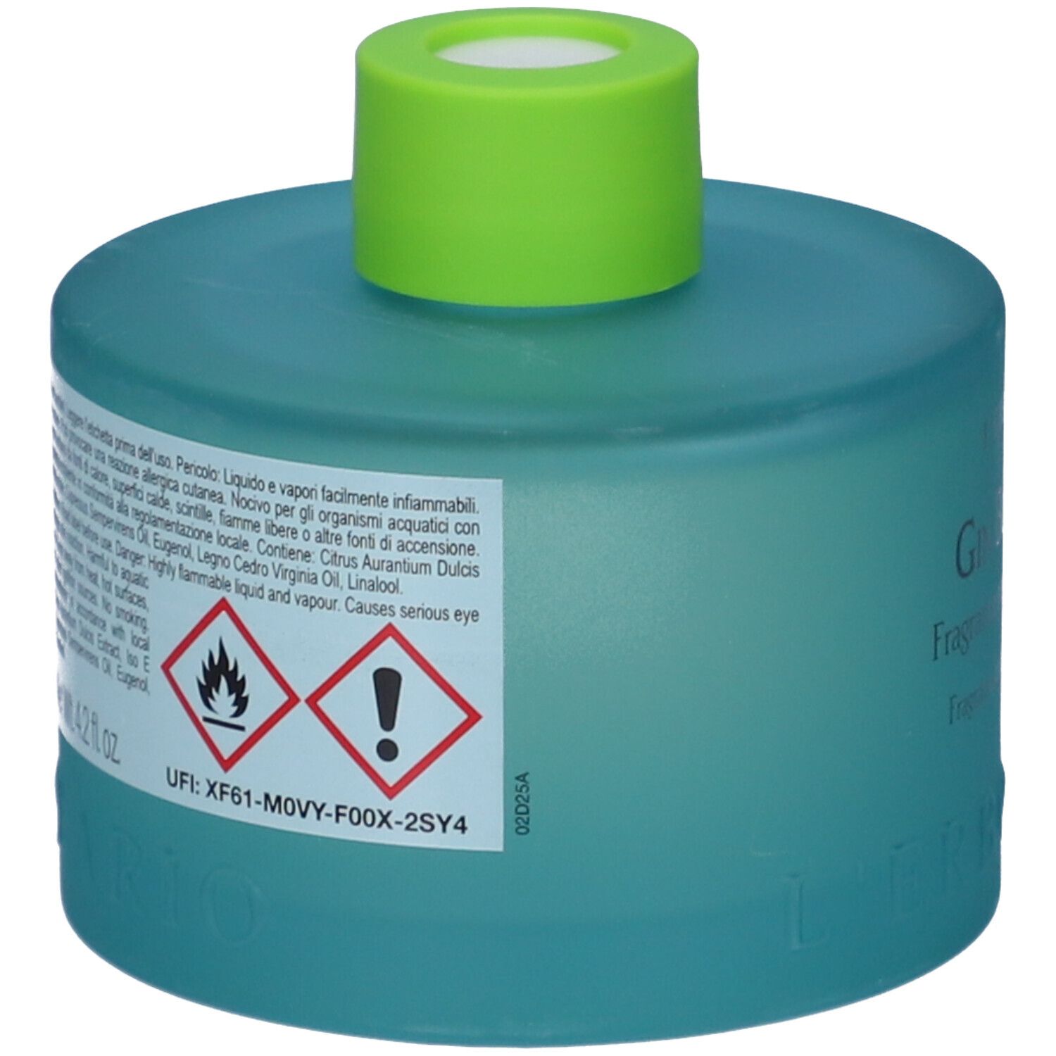 Flacone blu-verde con tappo verde. Avvertenze e pittogrammi. Testo: L'Erbolario, Gin Botanicals, Fragranza per Legni Profumati.