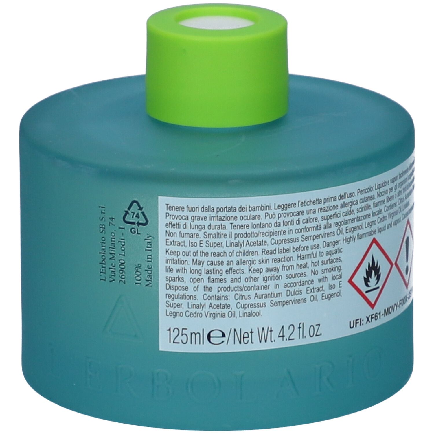 Flacone blu-verde con tappo verde. Testo: 125ml, Net Wt. 4.2 fl.oz. Avvertenze e pittogrammi. Logo L'Erbolario.