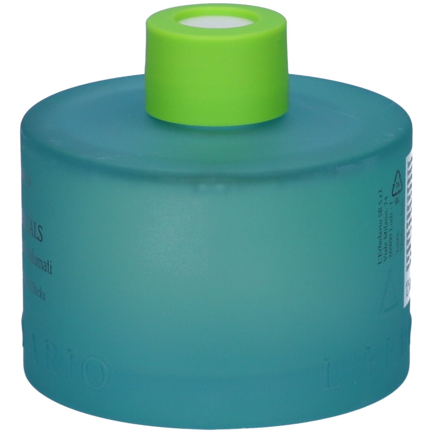 Flacone blu-verde con tappo verde. Logo L'Erbolario. Testo: Gin Botanicals, Fragranza per Legni Profumati.