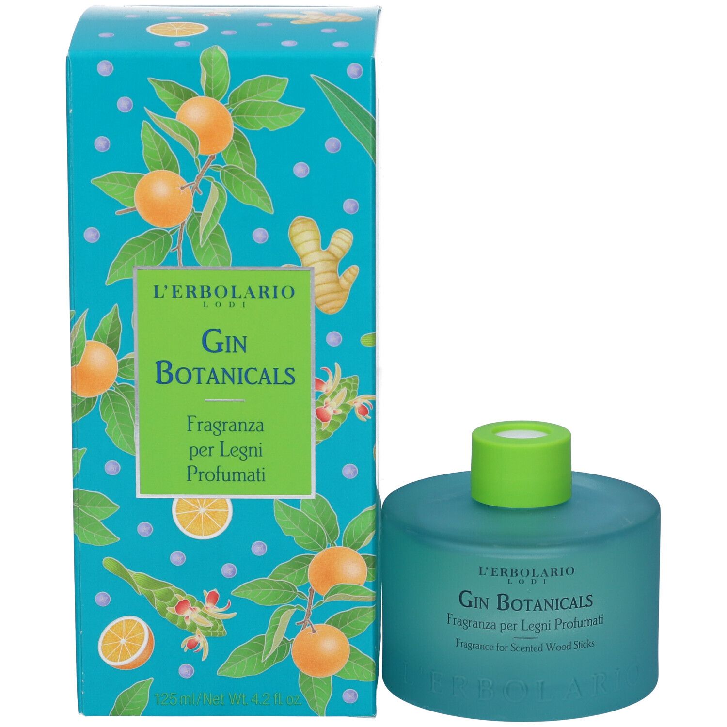 Prodotto e confezione. Flacone blu-verde con tappo verde. Scatola con motivo arance e piante. Testo: Gin Botanicals.