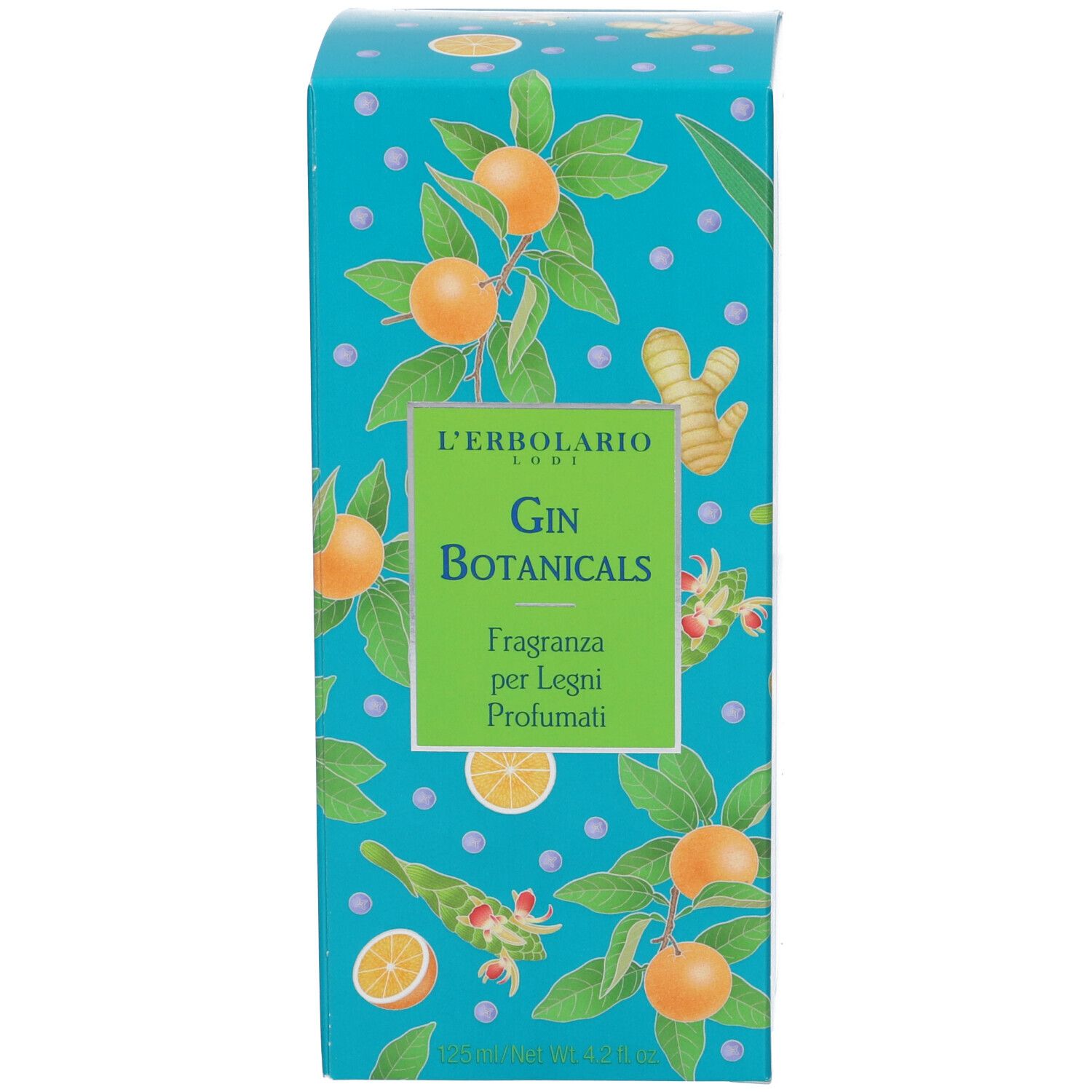 Scatola con motivo arance e piante. Testo: L'Erbolario, Gin Botanicals, Fragranza per Legni Profumati.