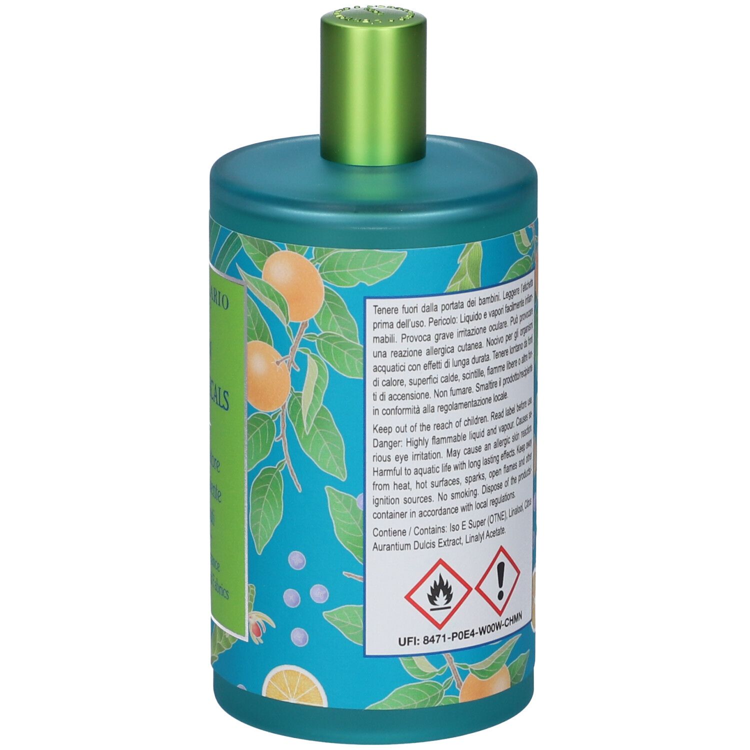 Retro del flacone turchese con tappo verde. Testo: avvertenze e ingredienti. Decorazione arance e zenzero.