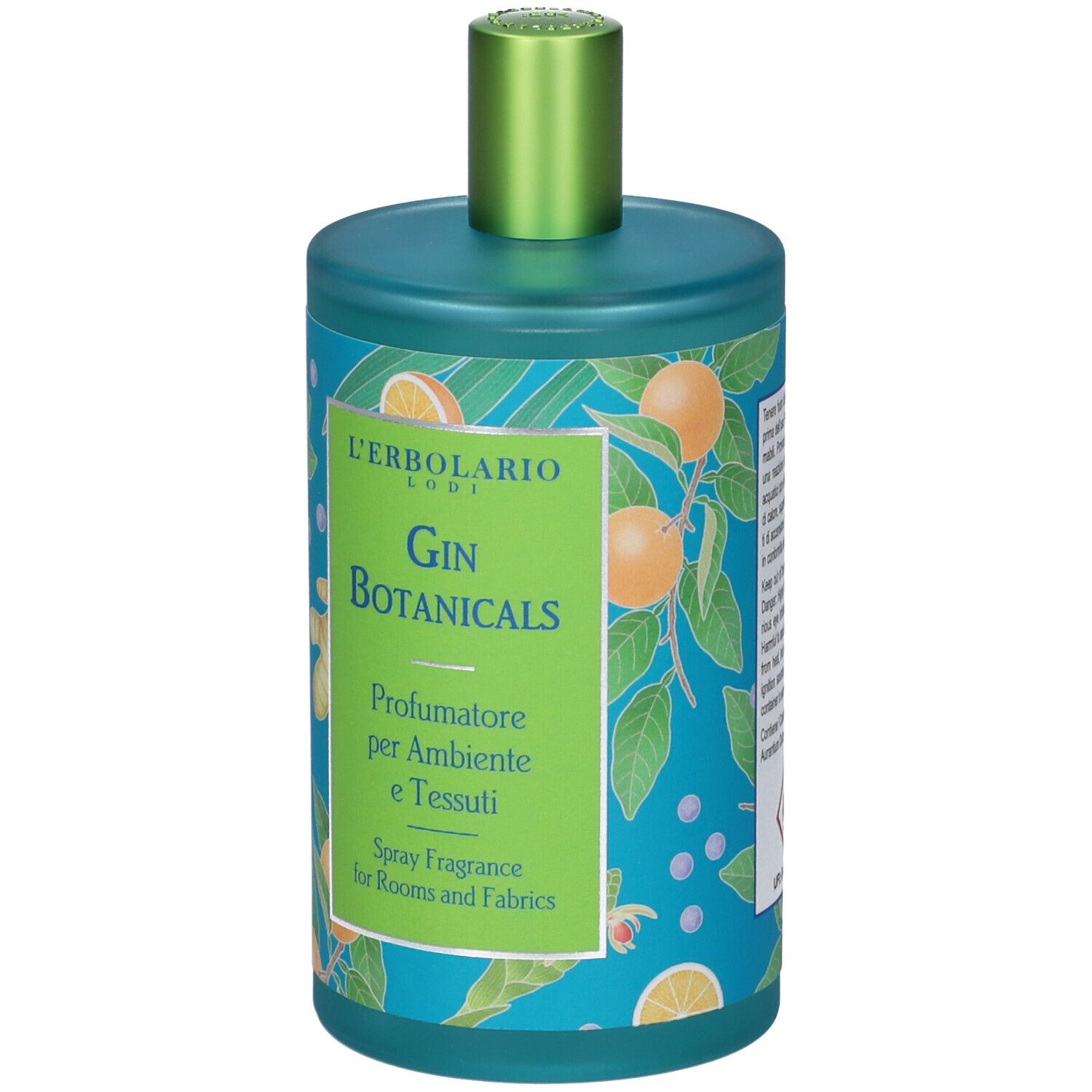 Flacone turchese con tappo verde. Scritta: Gin Botanicals, Profumatore per Ambiente e Tessuti. Decorazione arance e zenzero.