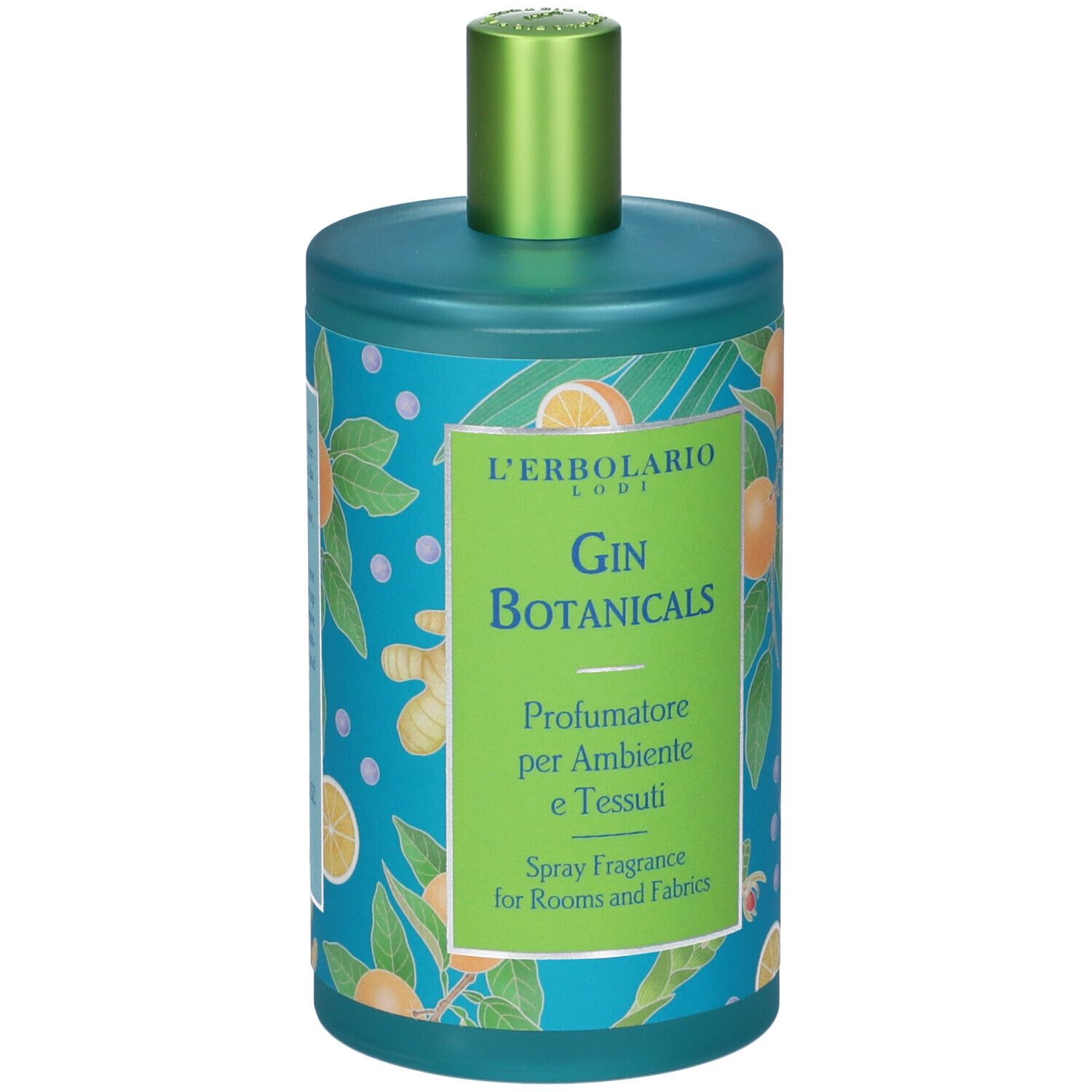 Flacone turchese con tappo verde. Scritta: Gin Botanicals, Profumatore per Ambiente e Tessuti. Decorazione arance e zenzero.