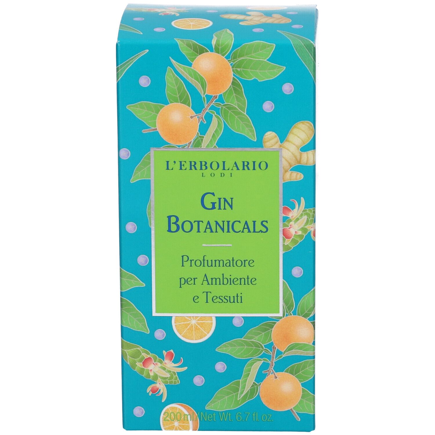 Scatola turchese. Scritta: Gin Botanicals, Profumatore per Ambiente e Tessuti. Decorazione arance e zenzero.
